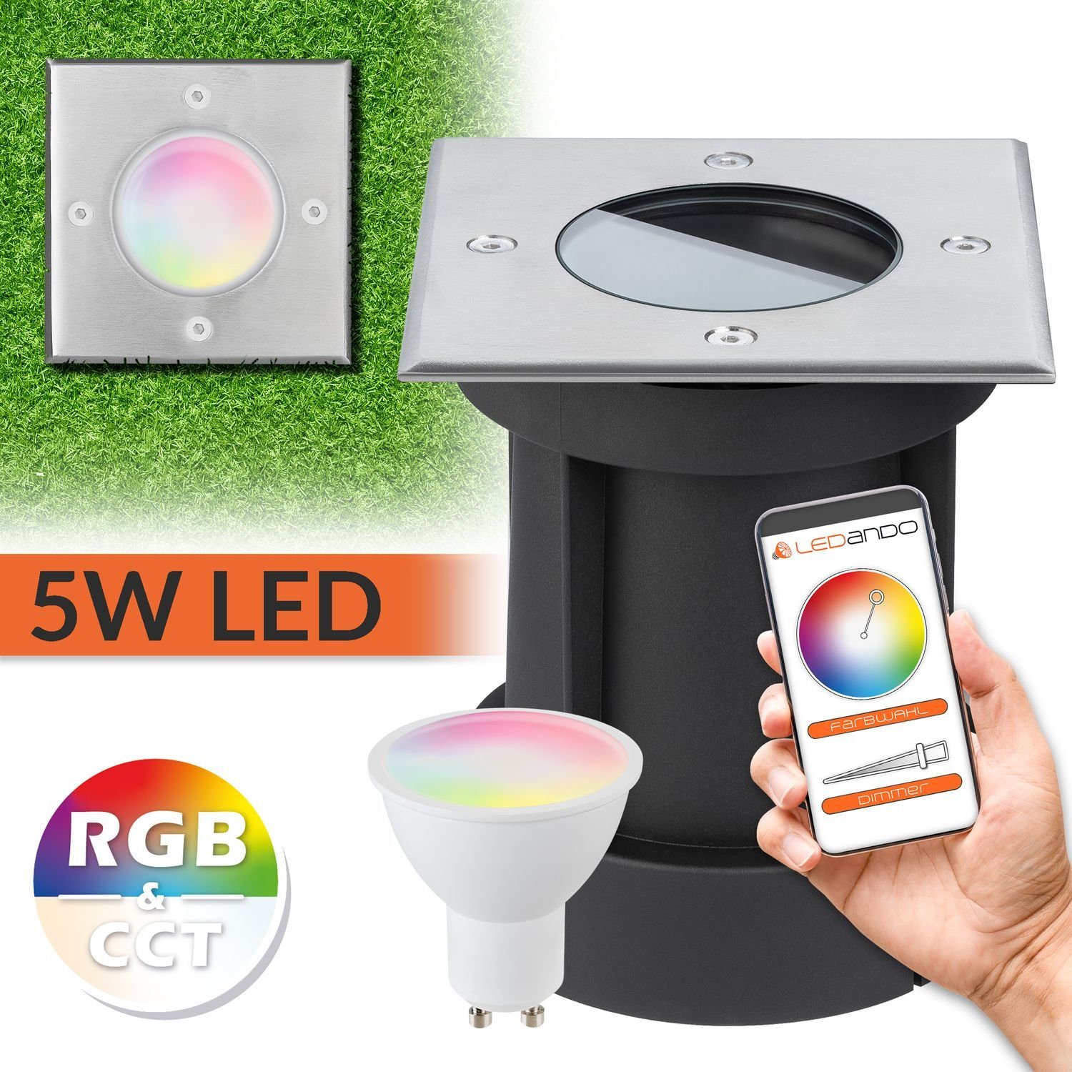 LEDANDO LED Einbaustrahler steuerbar Smart - + LED Bodeneinbaustrahler - 5W App per RGB WiFi Set