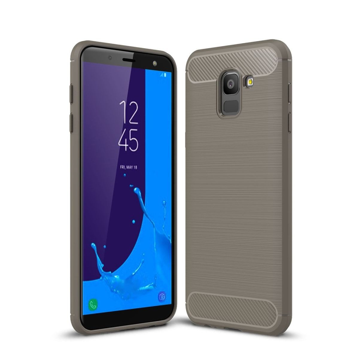 König Design Handyhülle Samsung Galaxy J6, Samsung Galaxy J6 Handyhülle Carbon Optik Backcover Grau