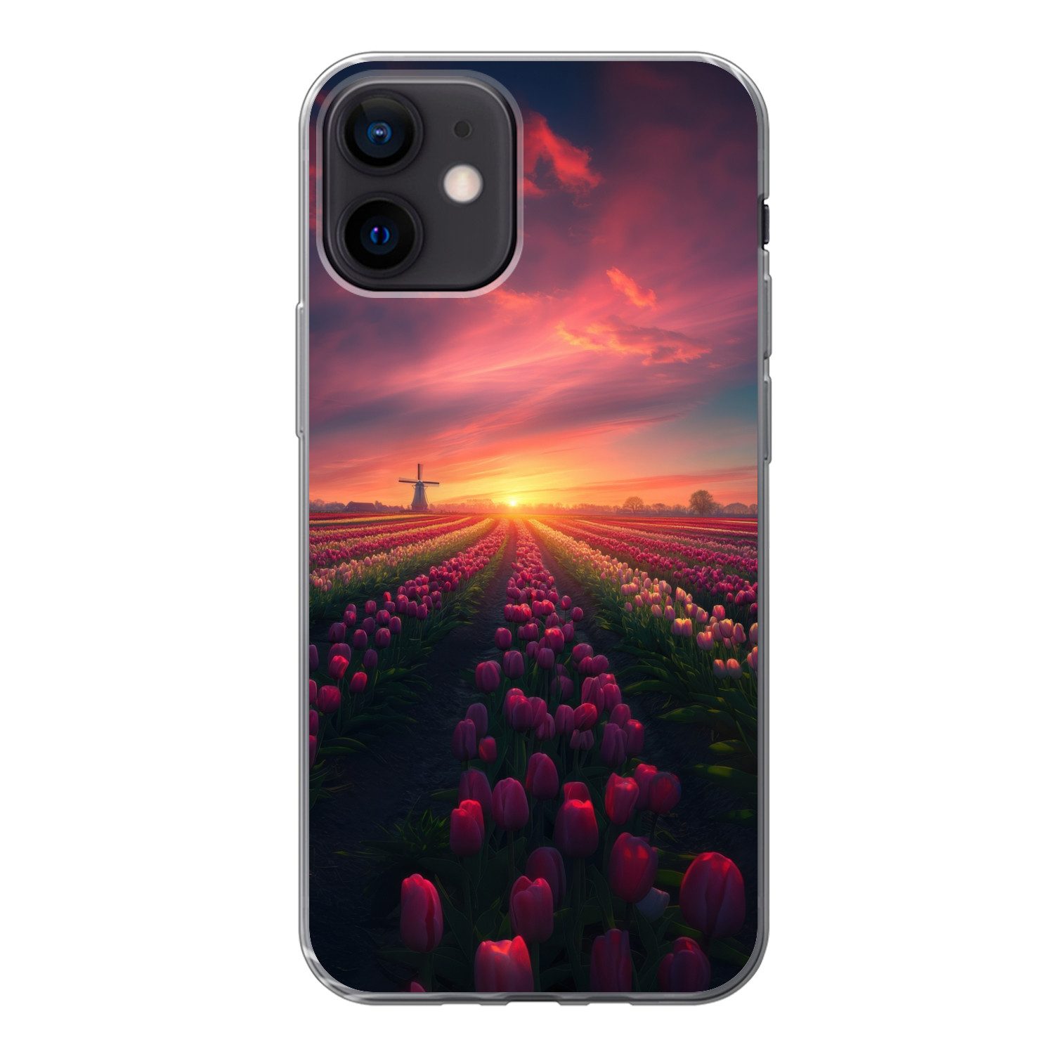 MuchoWow Handyhülle für Apple iPhone 12 Windmühle - Sonnenuntergang - Landschaft, Smartphone-Bumper, Print, Handy Schutzhülle Dünn