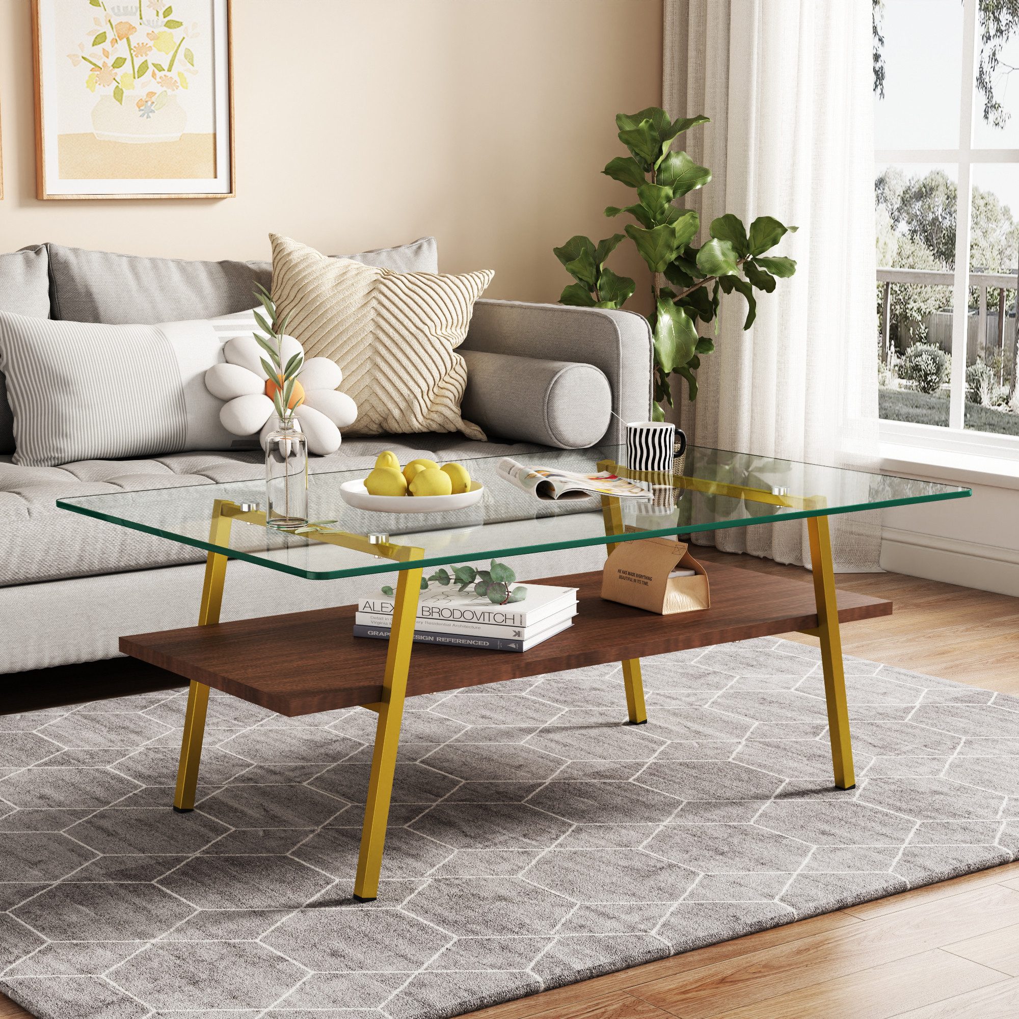HAUSS SPOLE Couchtisch rechteckig,Sofatisch aus gehärtetem Glas mit Metallbeine,Blush+Gold (42.5×98×58 cm), moderner Wohnzimmertisch mit glatte, abgerundete Oberfläche