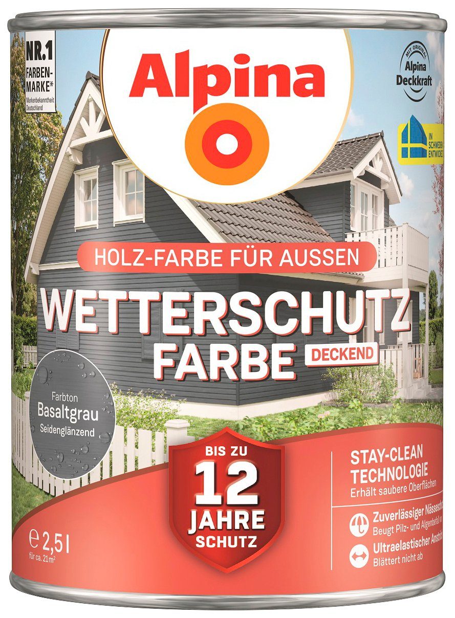 Alpina Wetterschutzfarbe Wetterschutzfarbe, deckend, seidenmatt, 2,5 Liter für ca. 21 m² Basaltgrau | Holzschutzfarben