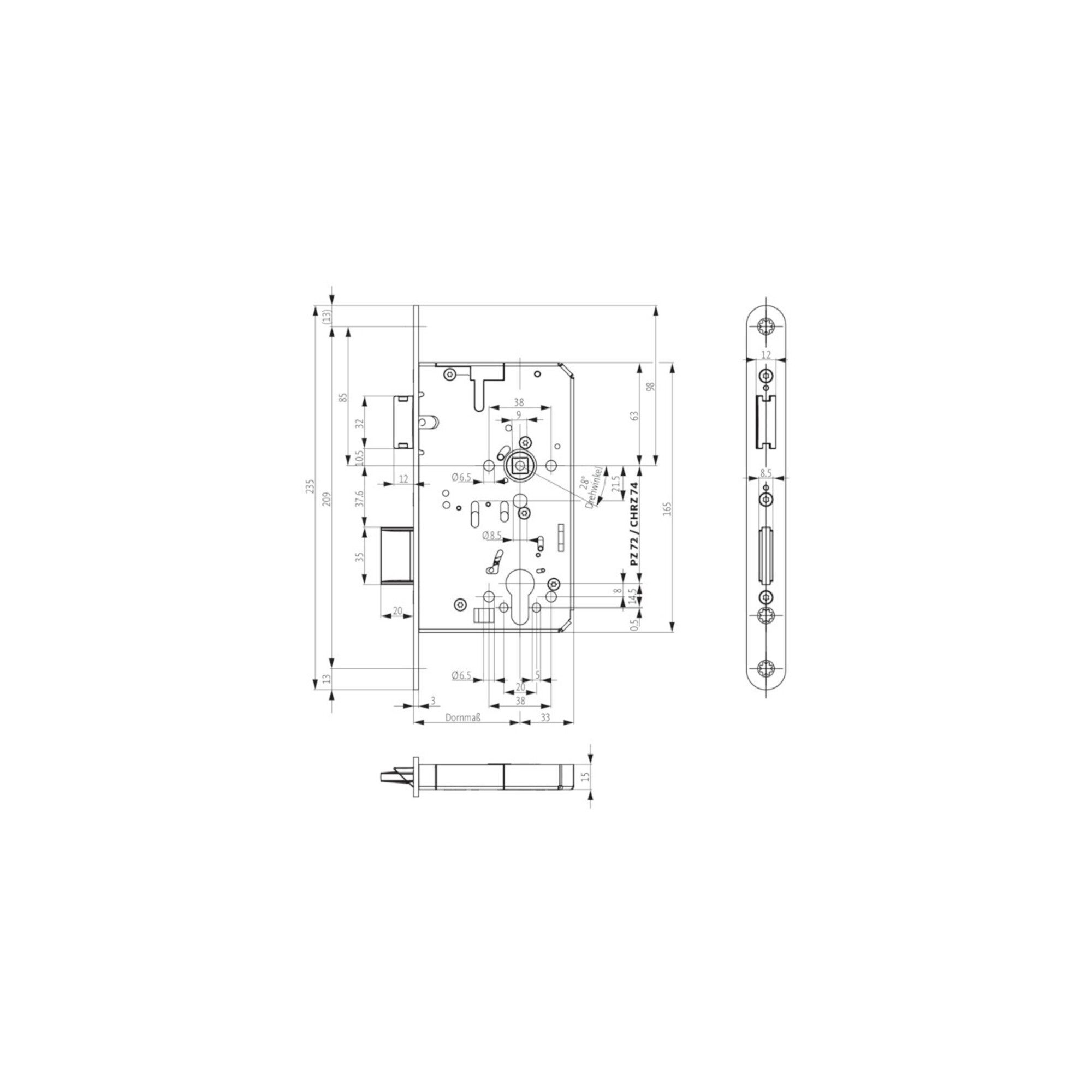 BKS Profilzylinder Panik-Einsteckschloss 2320 Fkt.B rd 20/65/72/9mm DIN R VA BKS