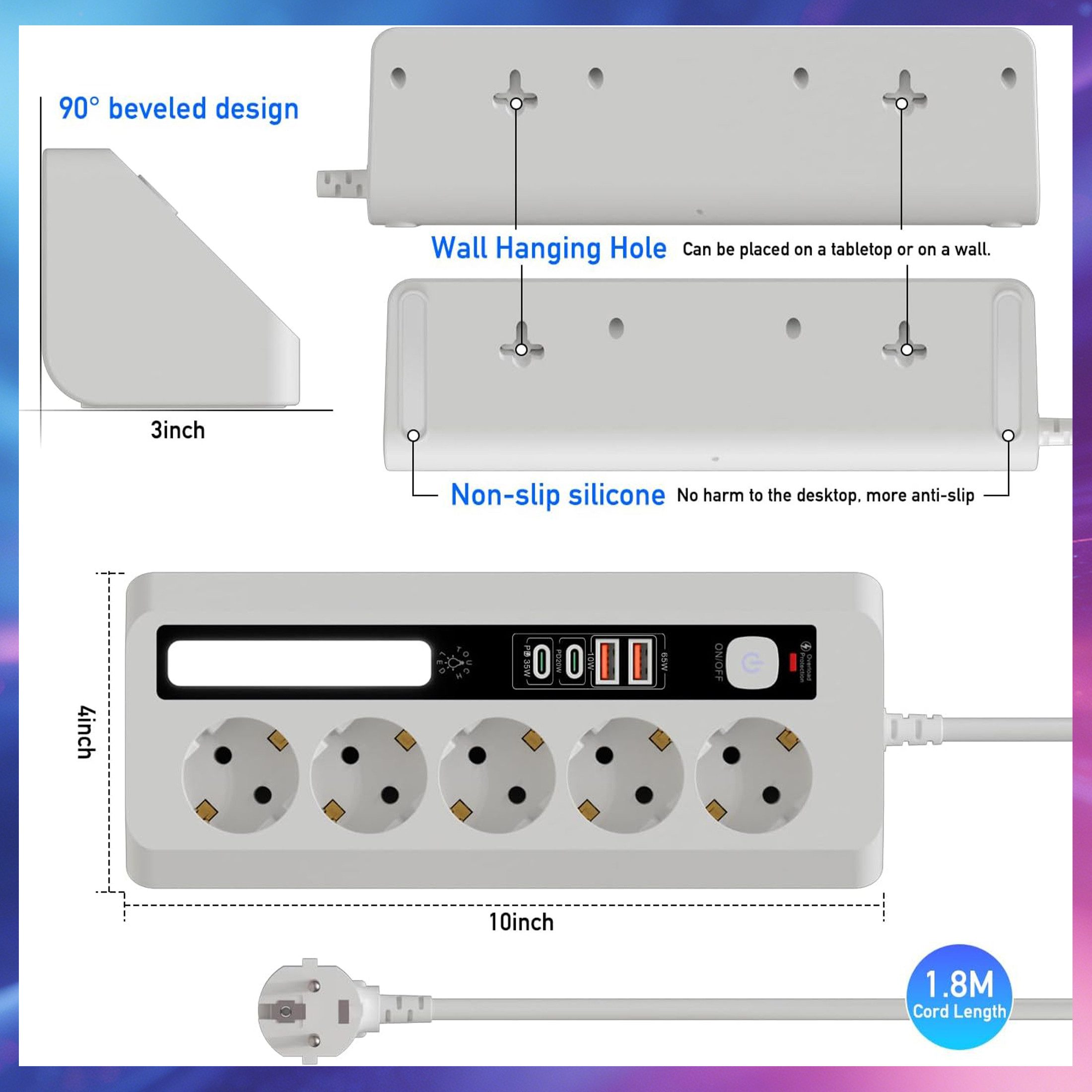ibettertec Tischsteckdosenleiste mit 5 Steckdosen,Eck-Steckdosenleiste Einbau-Tischsteckdosenleiste (Ein-/Ausschalter, USB-Anschlüsse 4 USB-Ports (PD 35 W & 20 W) LED-Statusanzeige, Schutzkontaktkupplung, Überspannungsschutz), 2 m Kabel, Ecksteckdose für Büro und Zuhause