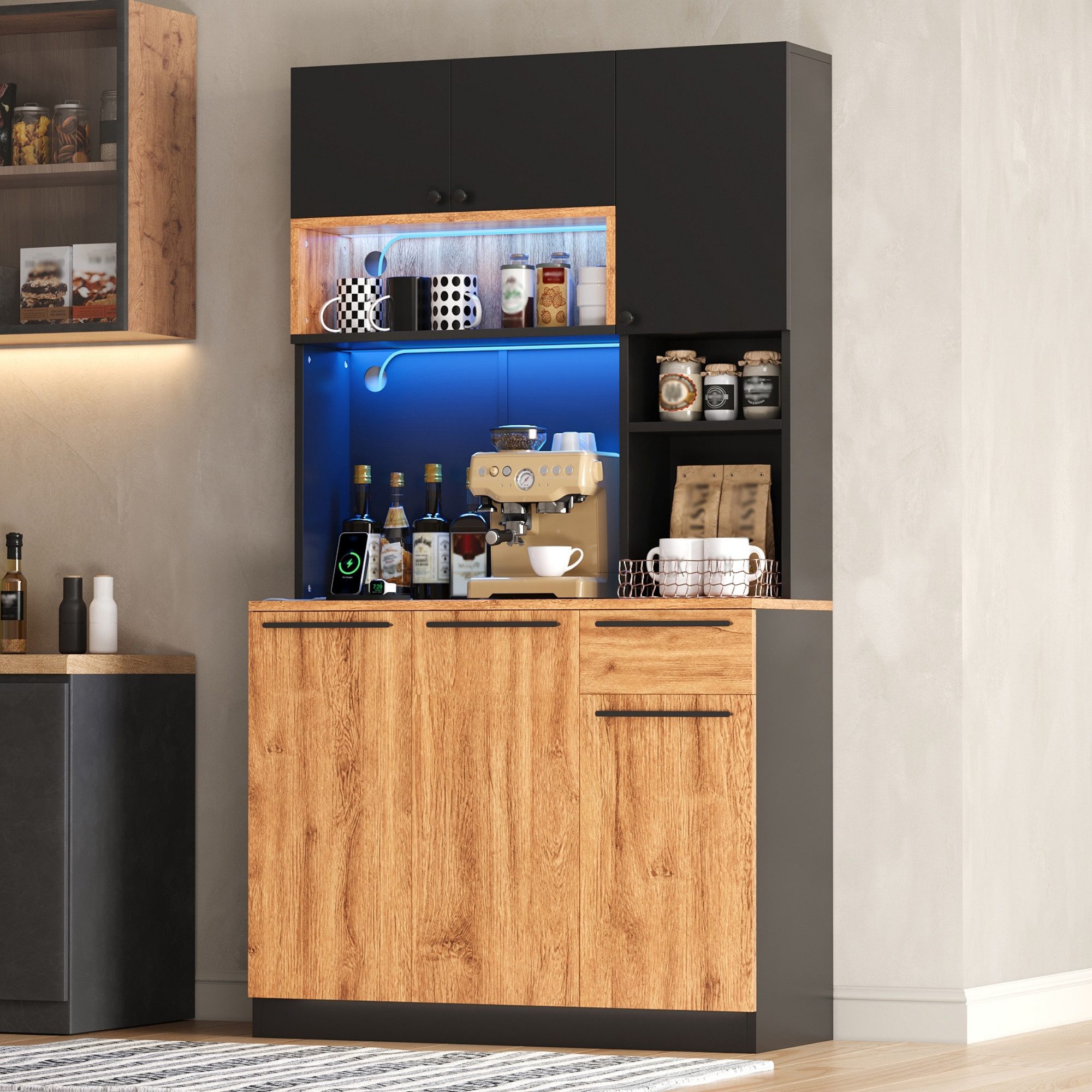 Flieks Küchenbuffet Hochschrank mit Arbeitsplatte Holzoptik, LED-Beleuchtung, Steckdosen (Multifunktionsschrank mit Ladenfunktion & verstellbaren Einlegeböden,  – Bild 5 von 5