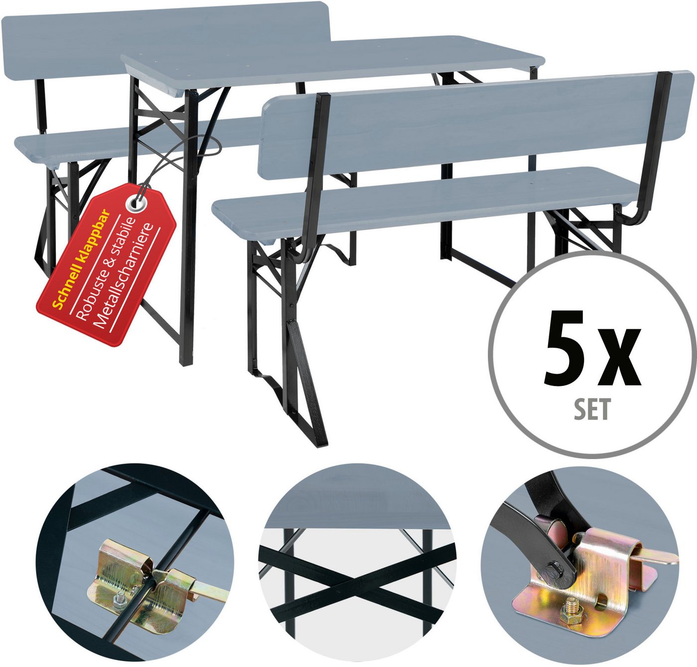 Stagecaptain Bierzeltgarnitur Hirschgarten BB-119 Sitzgarnitur mit Lehne 119 cm Länge, (Spar-Set, 15-tlg., 10 x Bank, 5 x Tisch), Mit aufsteckbarer Rückenlehne