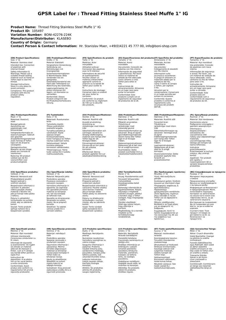 KLASEBO® Gewindemuffe Gewindefitting Edelstahl Muffe 1" IG