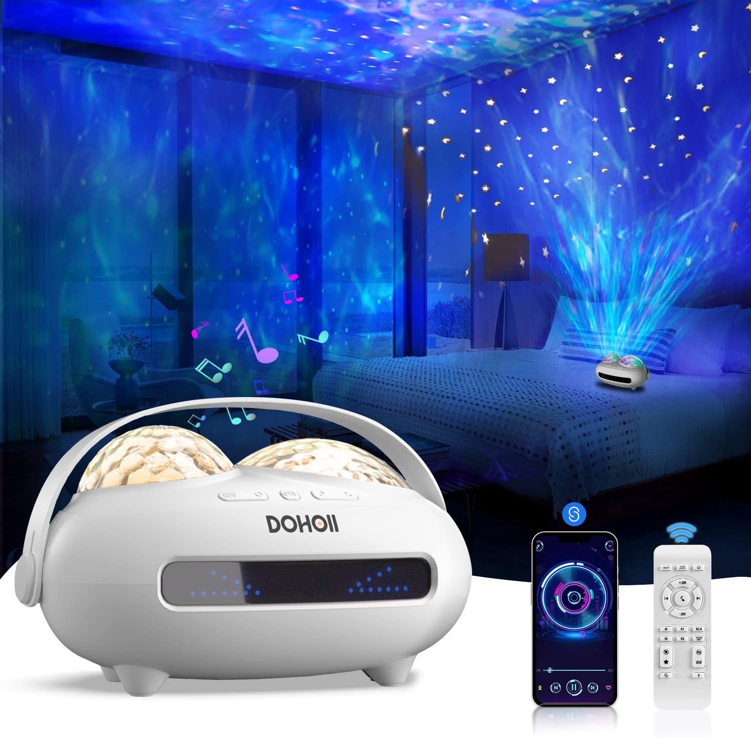 Daskoo LED Nachtlicht Kinder LED Sternenhimmel Projektor Galaxy, für Party, Geschenk, LED fest integriert, mit Fernbedienung/Bluetooth/Musikspieler/Dual-Projektionslinse Weiß