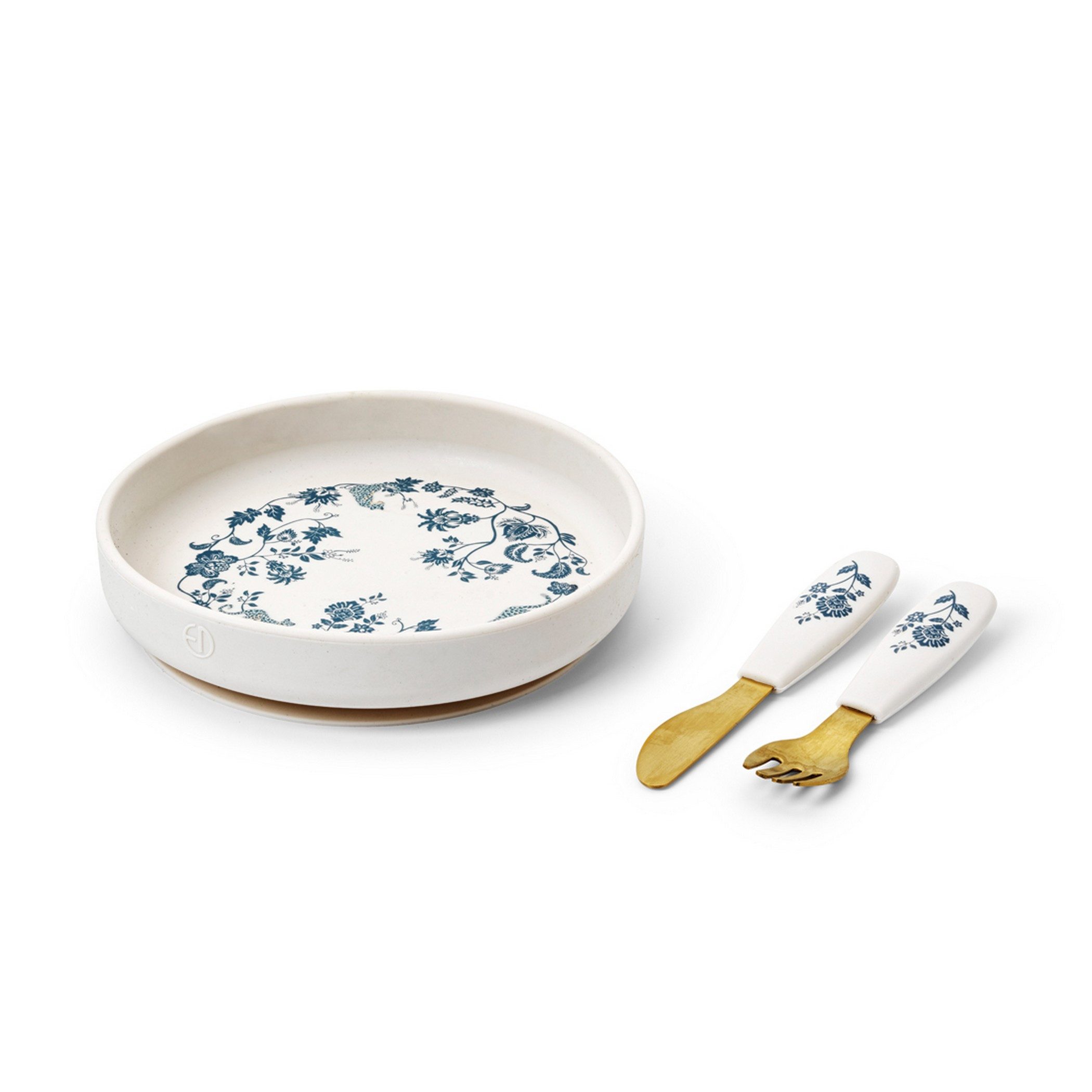 Elodie Kindergeschirr-Set Teller und Besteck, 3 Teile - Garden Leo Toile Ø17 cm mit Saugring (3-tlg), 1 Personen, Silikon