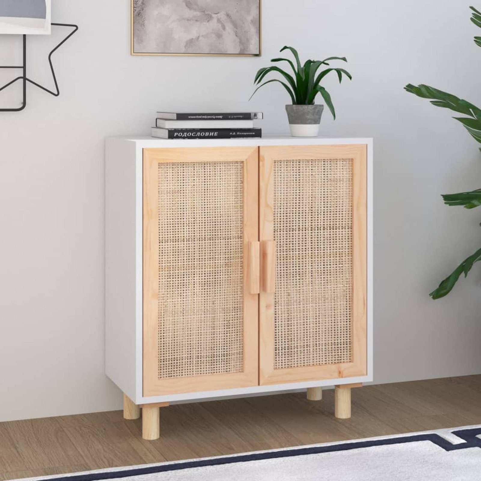 vidaXL Sideboard Sideboard Weiß 60x30x70 cm Massivholz Kiefer und Natur-Rattan (1 St)
