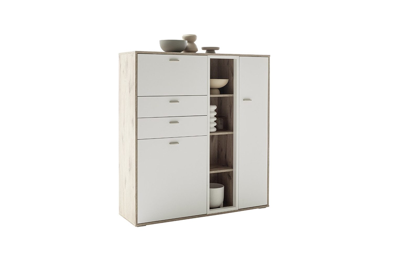 freiraum Highboard SANTERNO, 2 Türen, 2 Schübe, Fächer, Soft withe / Eiche Dekor - 124x133x37 BxHxT