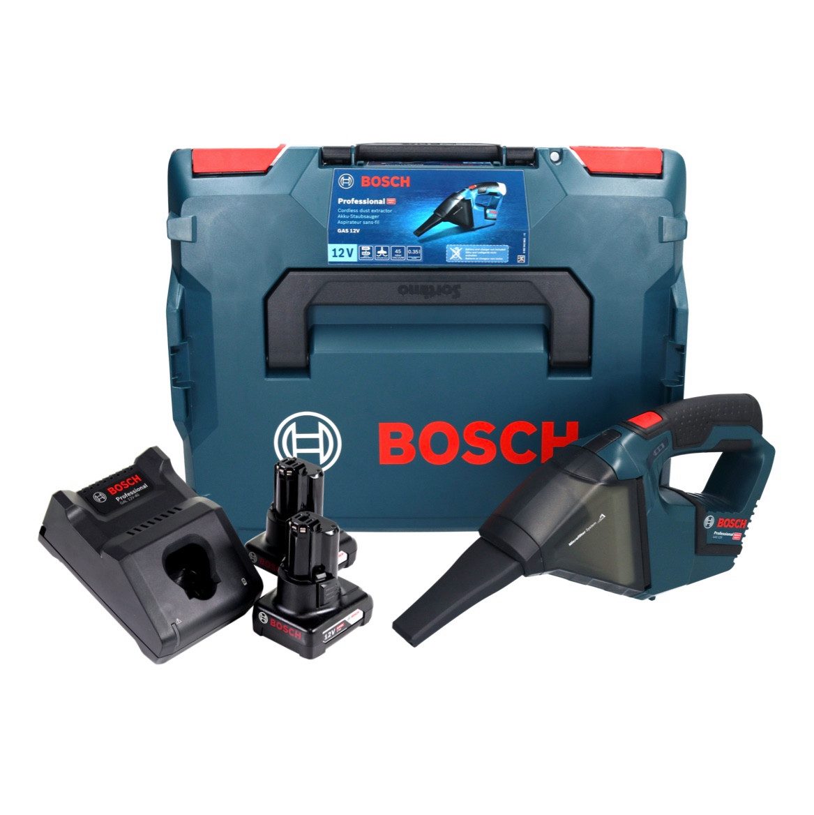 Bosch Professional Akku-Handstaubsauger GAS 12V Professional Akku Staubsauger 12 V 0,35 l + 2x Akku 6,0 Ah