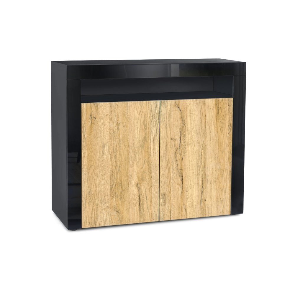 Vladon Kommode Valencia (Kommode, Sideboard mit 2 Türen und 1 offenem Fach), Schwarz matt/Eiche Natur/Schwarz Hochglanz (108 x 92 x 40 cm)