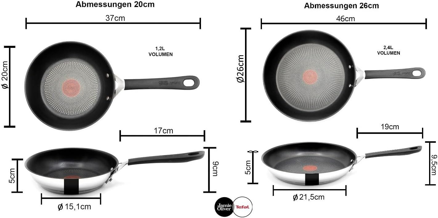 Tefal Pfannen-Set Jamie Oliver E76 Pfannenset 20cm + 26cm + Wender & schoner, Edelstahl 18/10 (Bratpfannenset), Antihaftbeschichtet