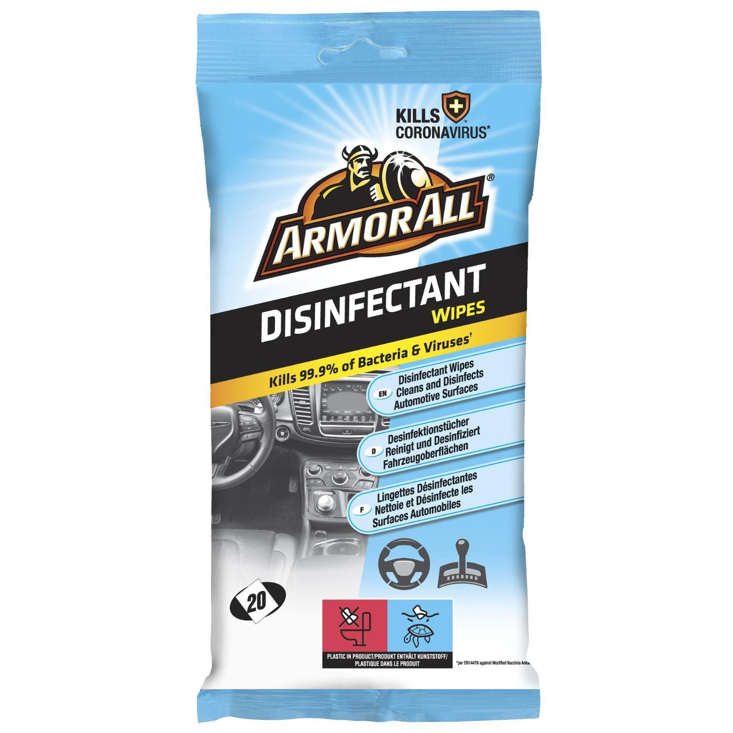 Armor All Desinfektionstücher 20 Stück Tücher Wipes Oberflächen-Desinfektionsmittel (Packung, [20-St. Flächendesinfektion Reinigungstücher Auto Reinigung + Desinfektion)