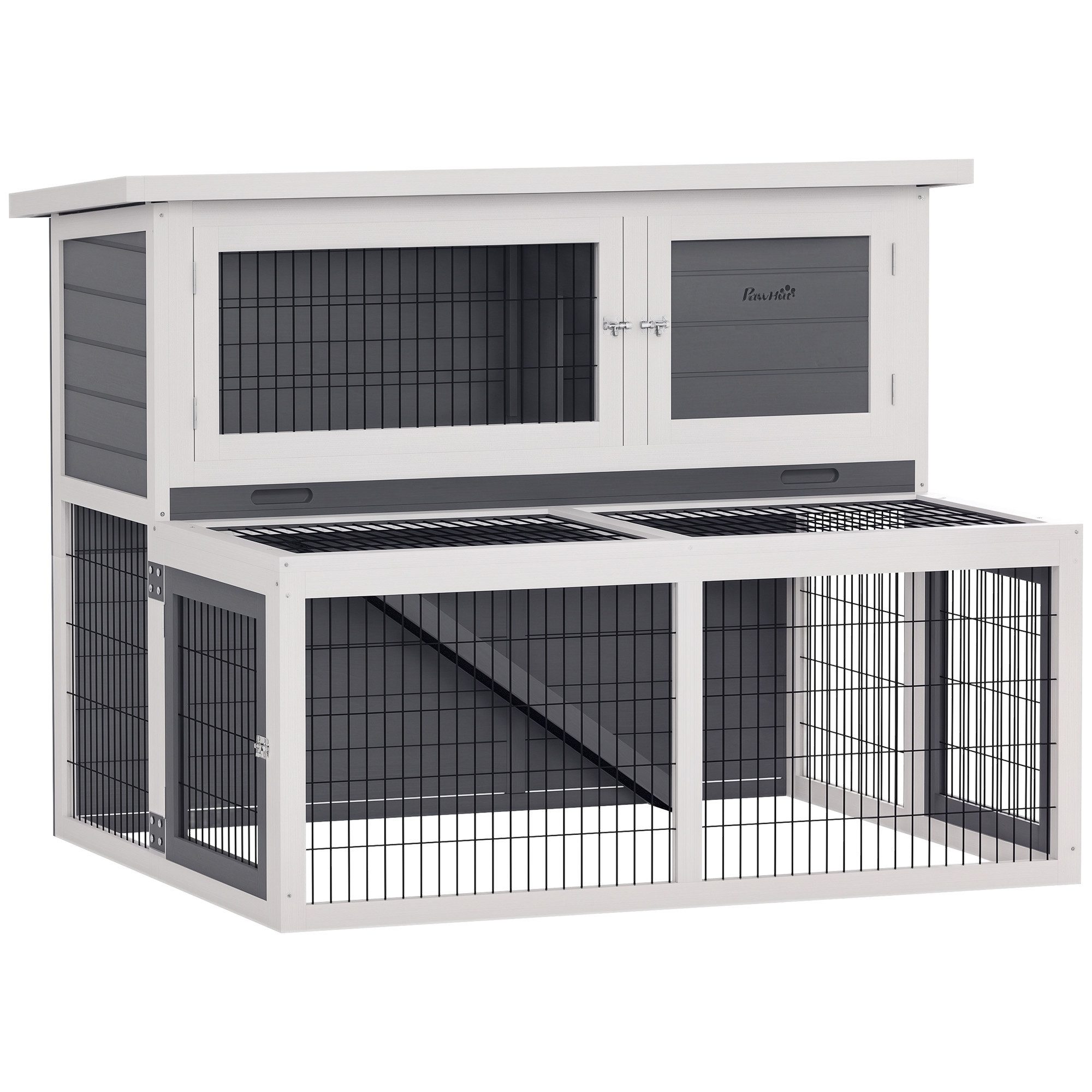 PawHut Kleintierstall Hasenstall 2 Ebenen mit klappbar Dach Kaninchenstall, 122 x 95 x 93,5 cm, Outdoor, für Hasen, Kaninchen, Grau