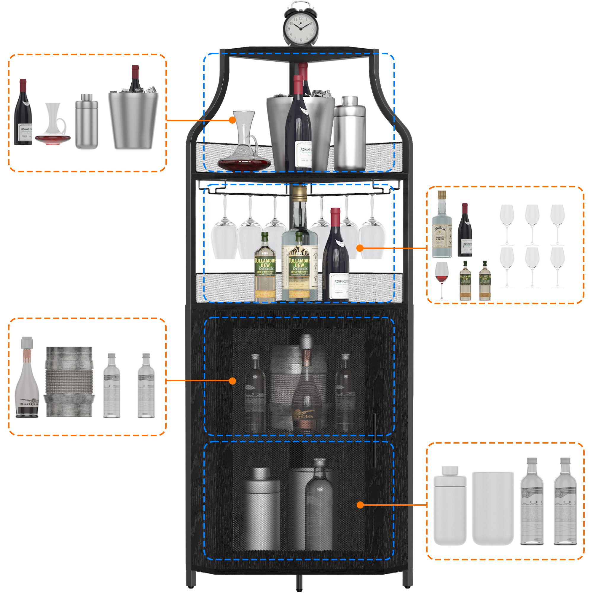 GarveeMore Eckschrank 5-stöckiges mit Glasständer und verstellbaren Regalen,47x32x154cm industrielles Eckschrank,Weinschrank mit Türen aus Metallgitter fürbar – Bild 3 von 5