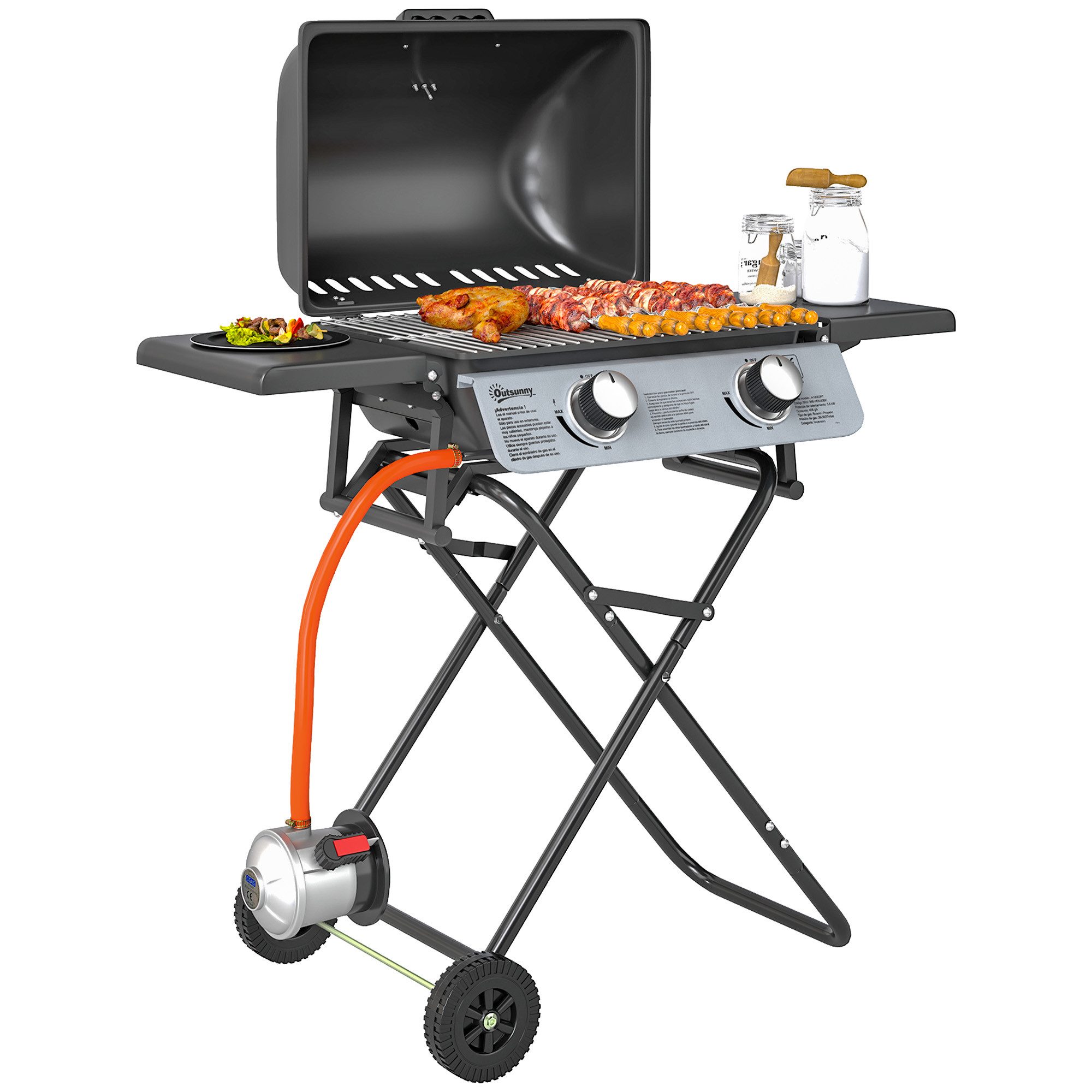 Outsunny Gasgrill inkl 2 Edelstahl-Brenner, Seitenablagen, Rolle, Druckminderer, klappbar BBQ Gartengrill, 5.6 KW Grillwagen, für Balkon, Camping-Grill 101 x 50 x 102 cm
