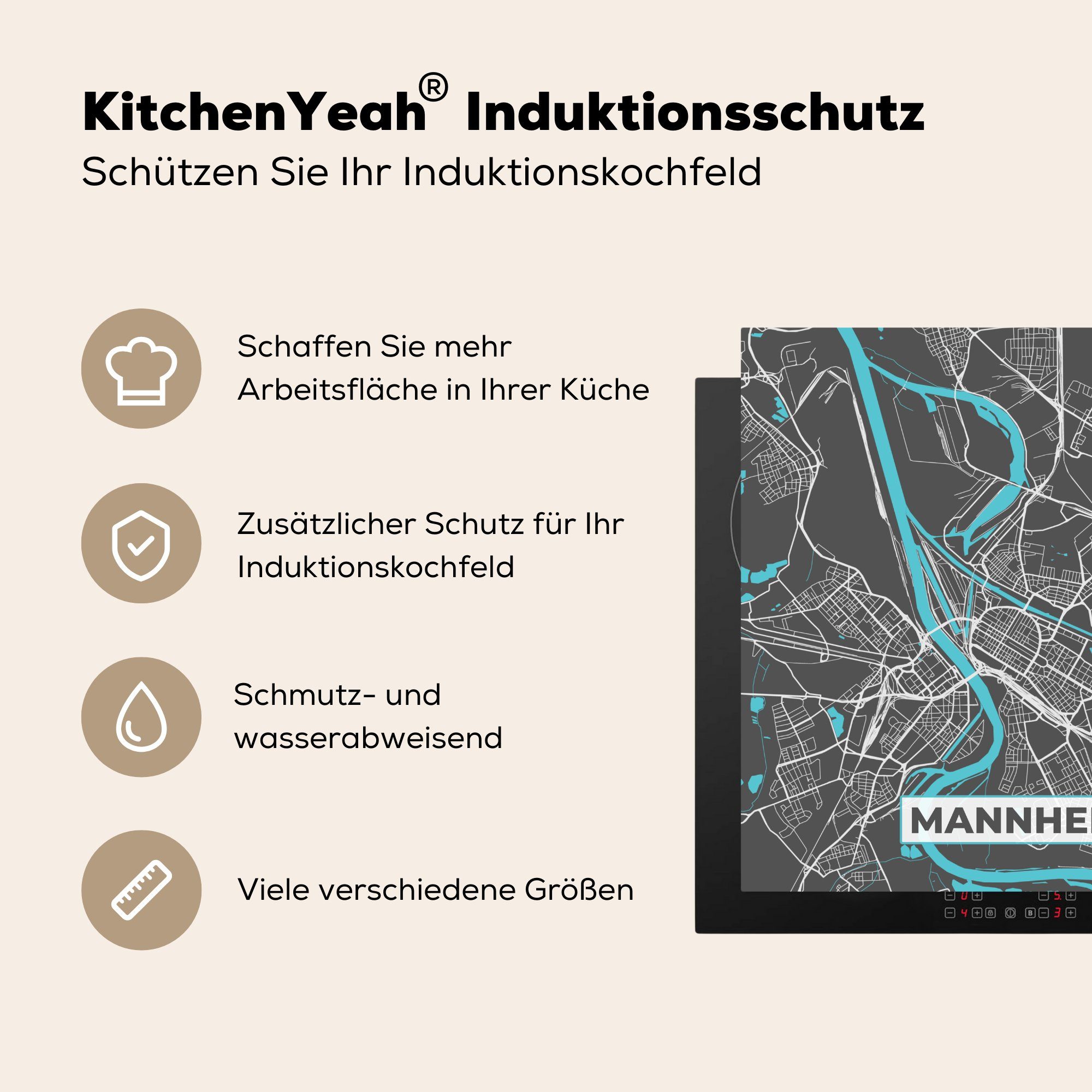 MuchoWow Herdblende-/Abdeckplatte 78x78 - Mannheim Vinyl, küche Ceranfeldabdeckung, tlg), Stadtplan cm, Arbeitsplatte für - - Blau Karte, Deutschland (1 