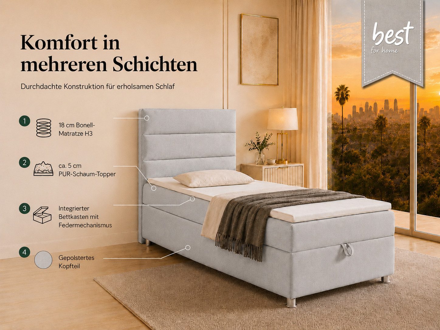 Best for Home Boxspringbett Trinity K-4 Single 5cm Topper Bonell Bettkasten (Einzelbett, Polsterbett mit gepolstertes Kopfteil, Jugendbett, Kinderbett versch. Größen, 1-St., 70x200 80x200 90x200 100x200 cm), Stauraum; ergonomischer Schlafkomfort; modernes Design