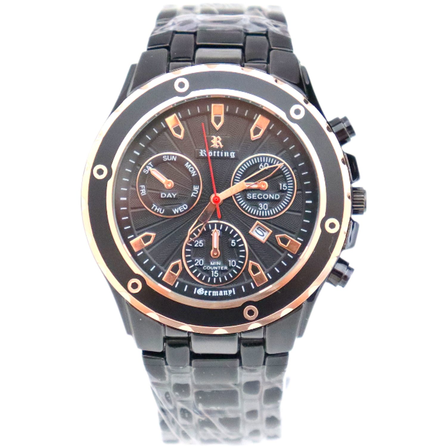 Quarzuhr Herrenuhr schwarzes Ziffernblatt in Chrono-Look Design Datumsanzeige