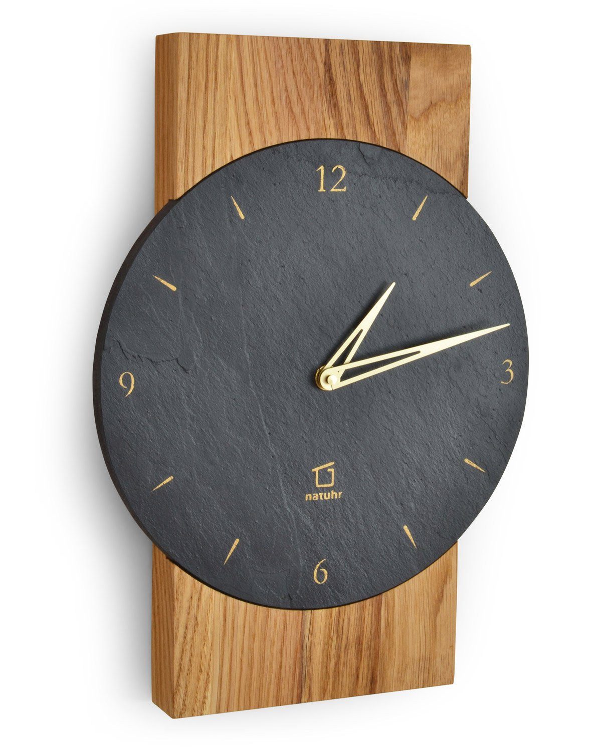Natuhr Wanduhr eiche Massivholz Eiche Schiefer Quarzwerk günstig online kaufen