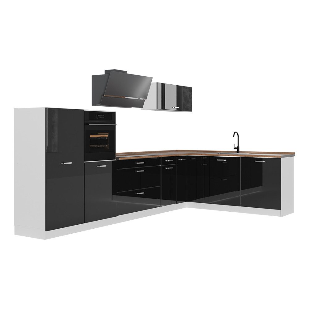 Vicco Winkelküche R-Line, Schwarz Hochglanz/Weiß, 347 x cm Arbeitsplatte Goldkraft E...