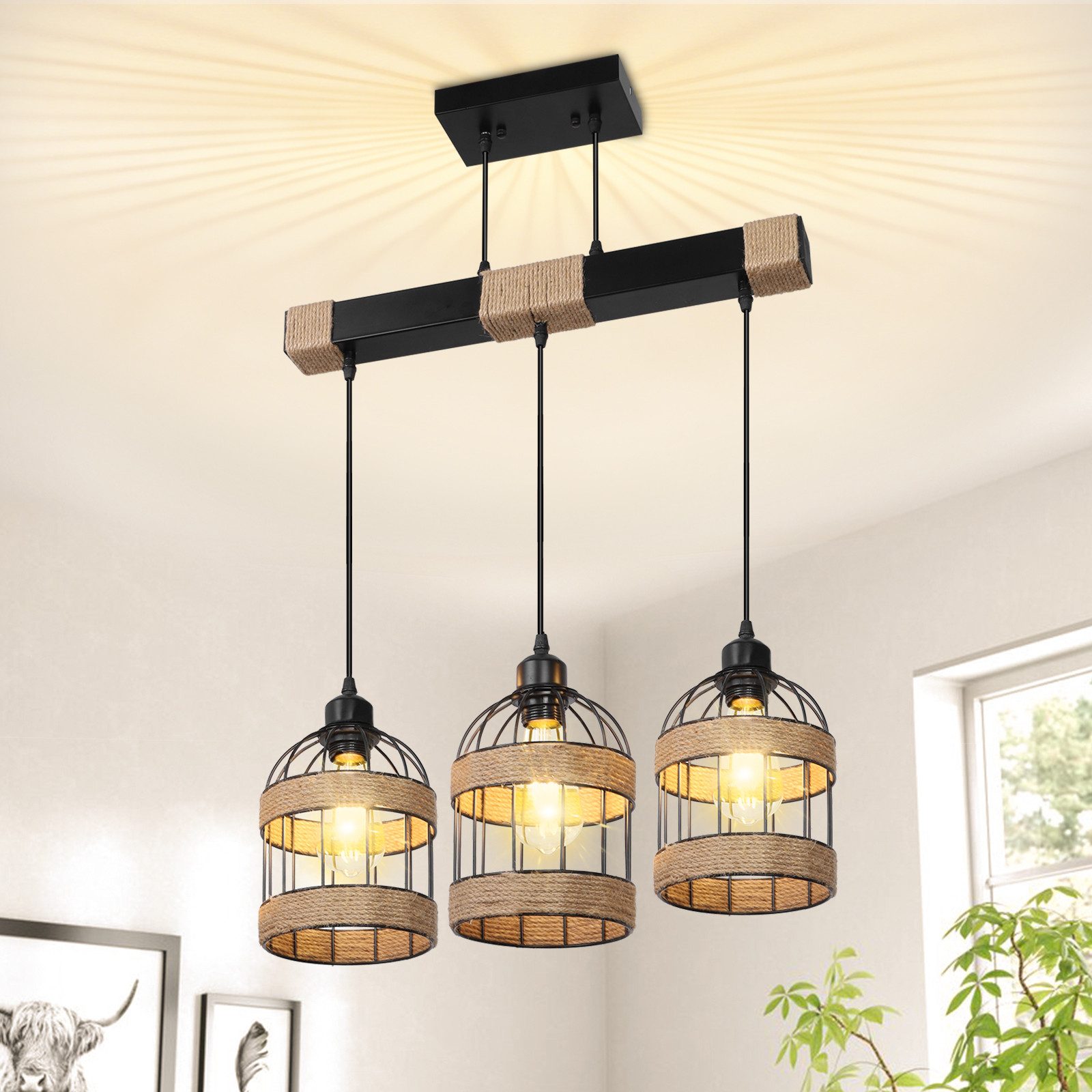 Jibenhome LED Pendelleuchte Boho Hängeleuchten,3-Licht Rattan Hängelampe,Hö günstig online kaufen