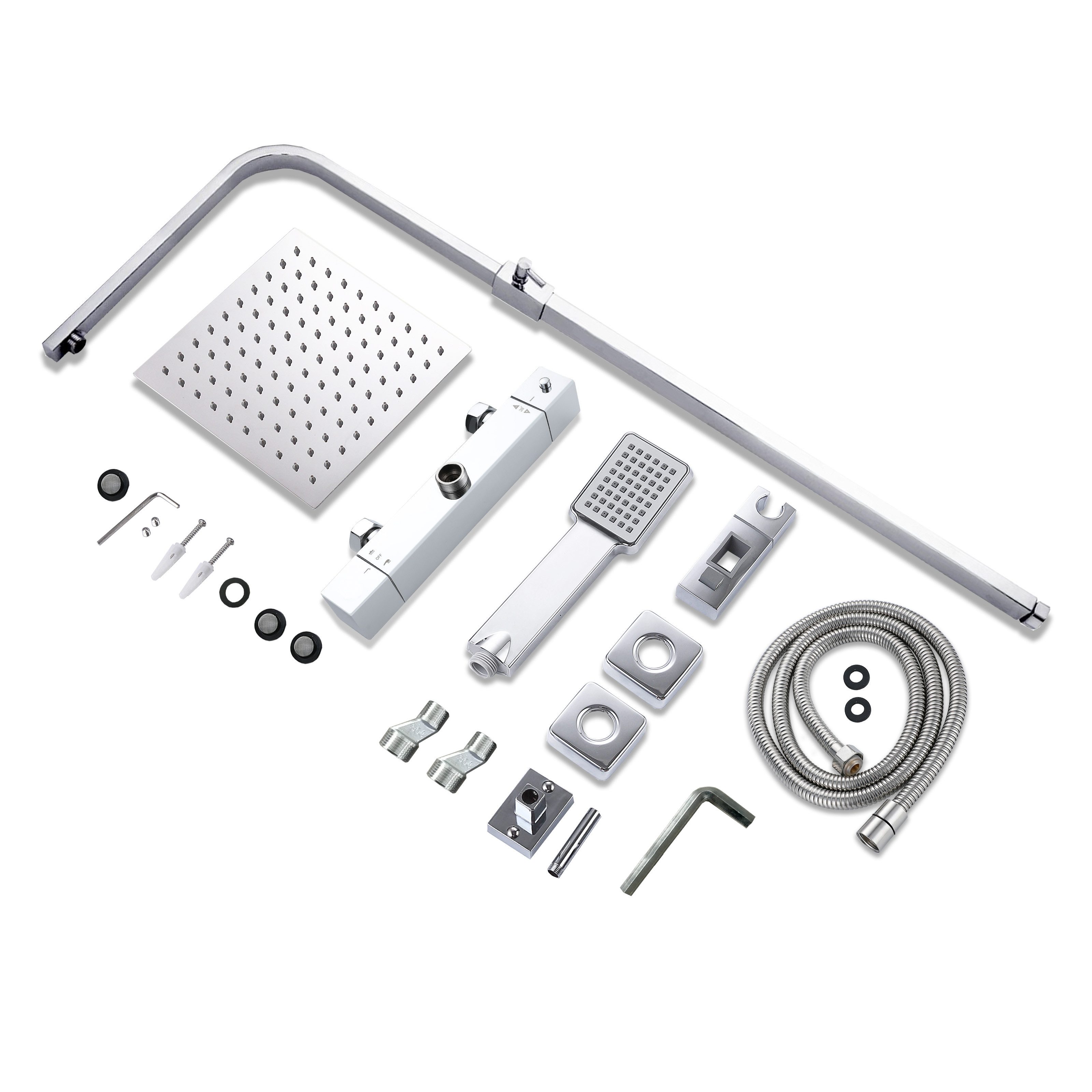 duschspa Duschsystem Duschset mit Thermostat 38℃ verstellbare Duschstange aus Edelstahl, 2 Strahlart(en), Regendusche mit quadratischem Duschkopf 20x20cm