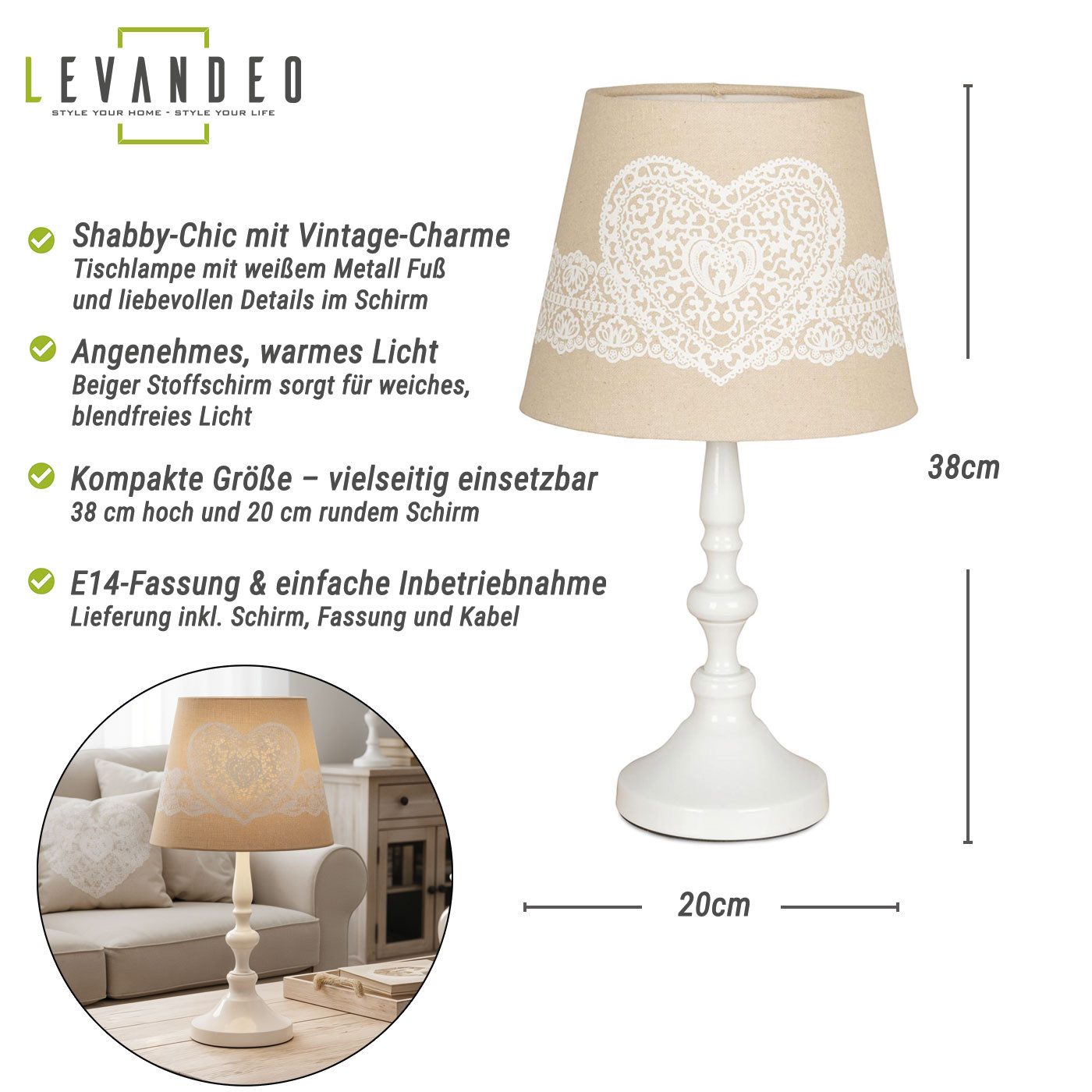 Levandeo® Nachttischlampe, Tischlampe Weiß 38cm hoch Shabby Metall Creme Beige Nachtlicht