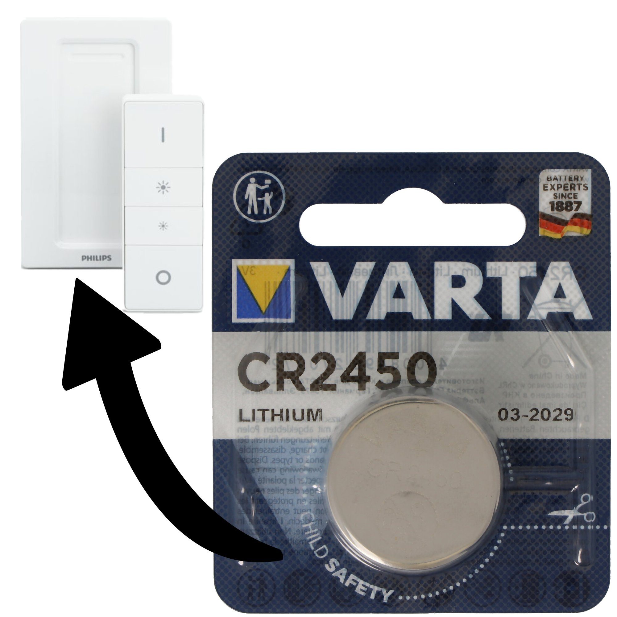 VARTA Batterie passend für Philips HUE Dimmschalter 1x Varta CR2450 Lithium Batterie, (3,0 V)