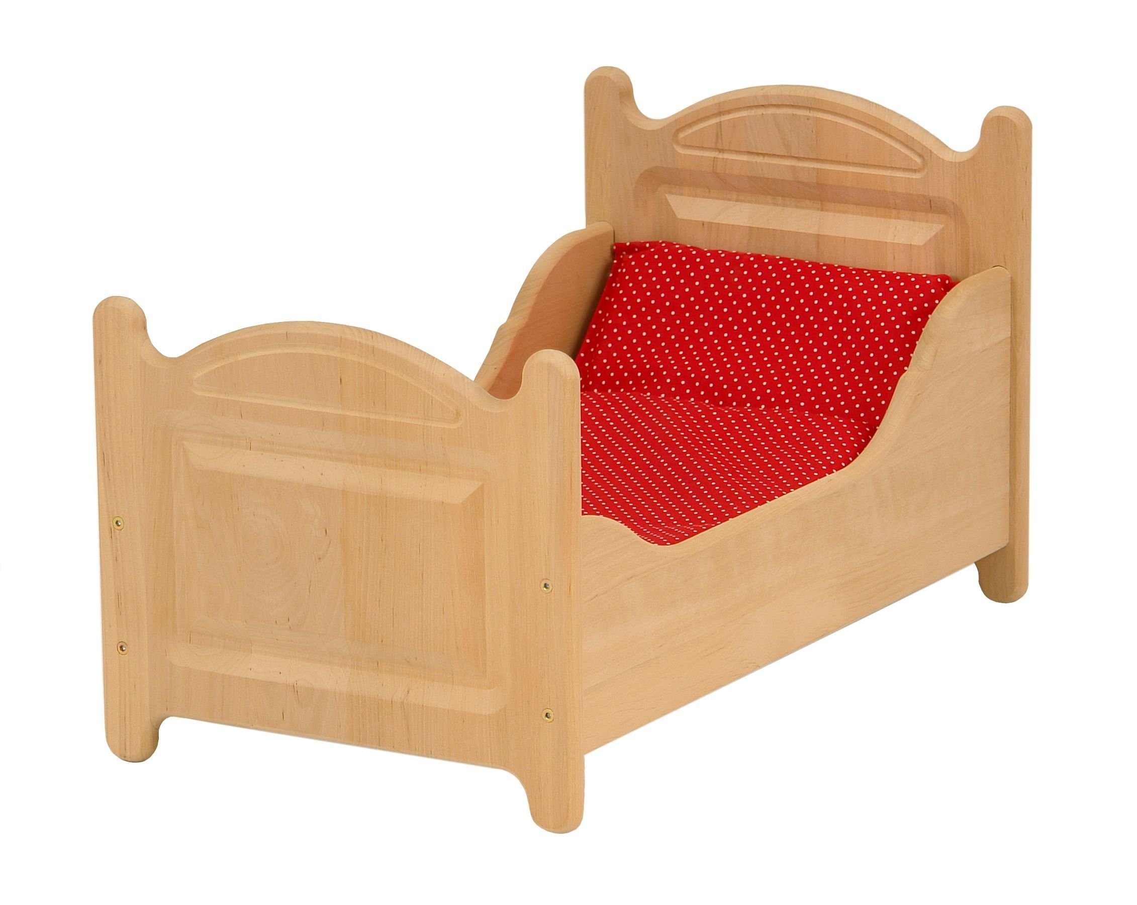 ERST-HOLZ Puppenwiege Puppenbett aus Holz Holzspielzeug Drewart Puppenmöbel Erle Massivholz, 933-3000 - Puppenbett Erle geölt - Bettzeug rot-getupft