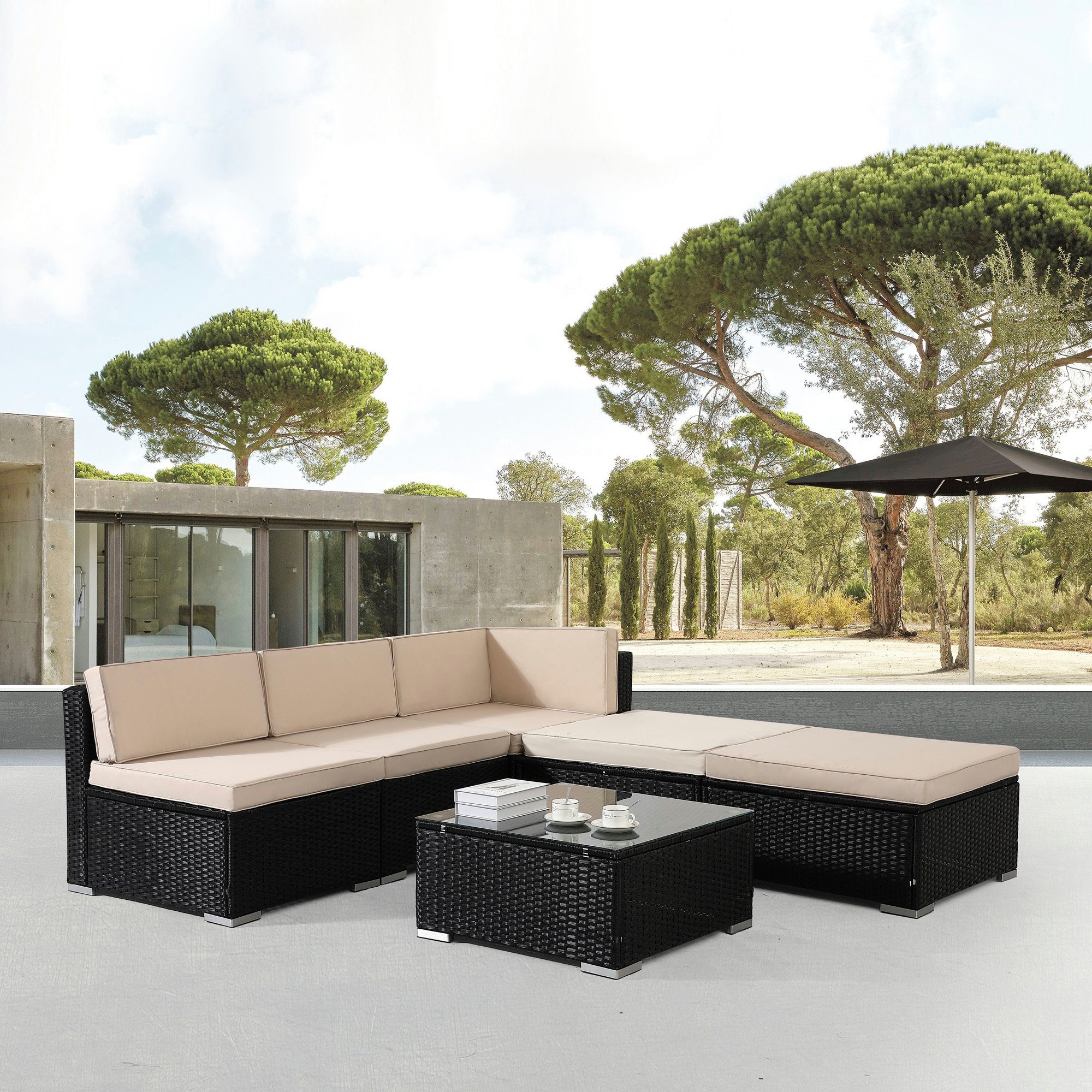 Arebos Loungesofa mit Glasplatte UV-beständiges Schwarz Barcelona, Tisch Polyrattan-Geflecht