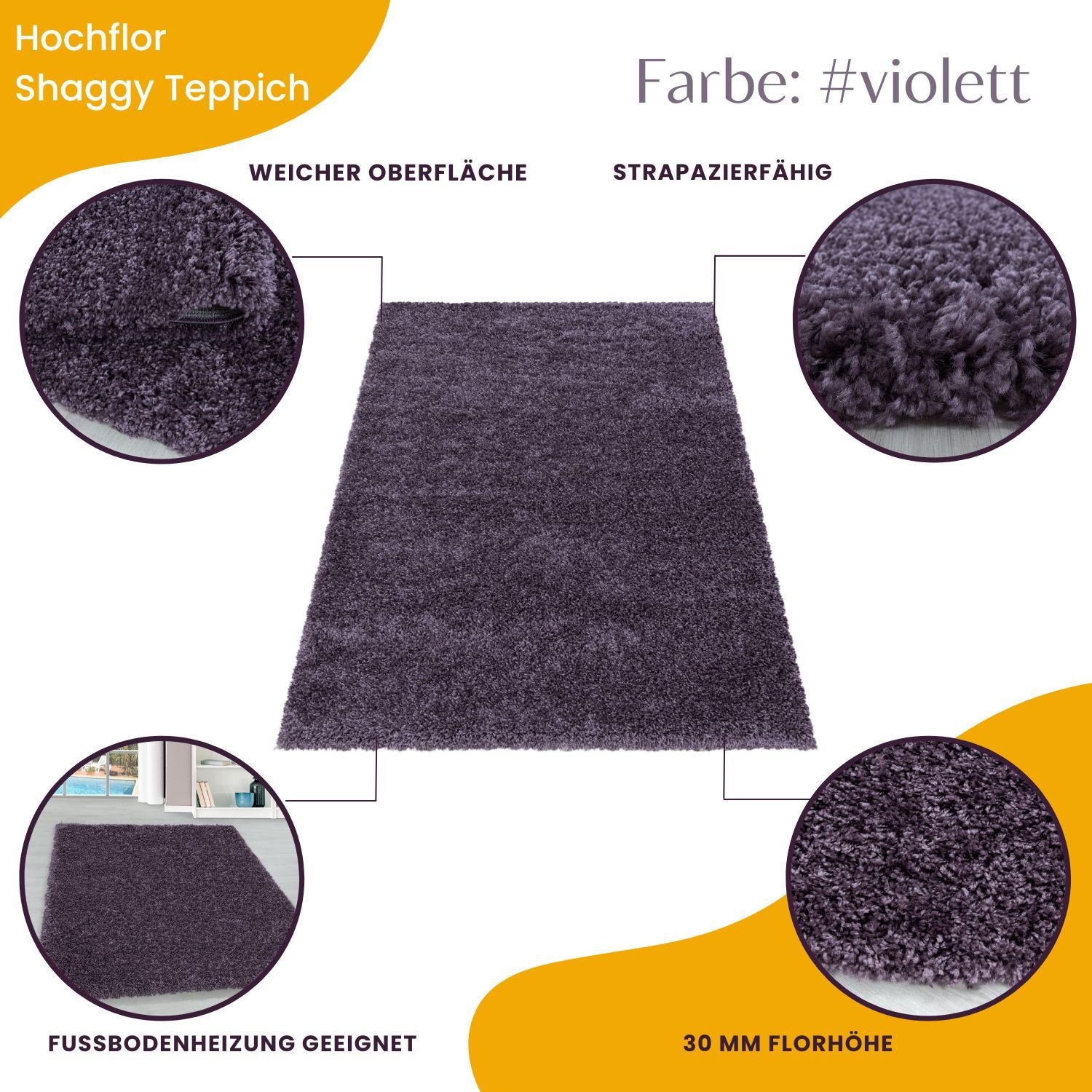 Teppich Unicolor - Einfarbig, Teppium, Violett Höhe: 30 Rechteckig, Wohnzimmer mm, Teppich
