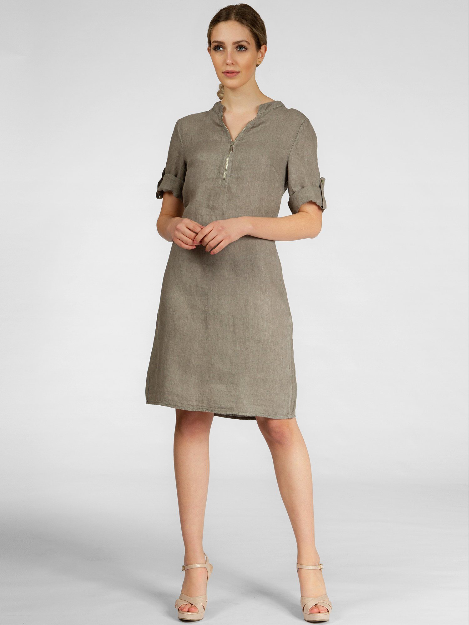 Caspar Sommerkleid SKL037 knielanges Damen Leinenkleid mit Reißverschluss Ausschnitt Luftig leicht, figurumspielende Form, mit seitlichem Jersey-Einsatz