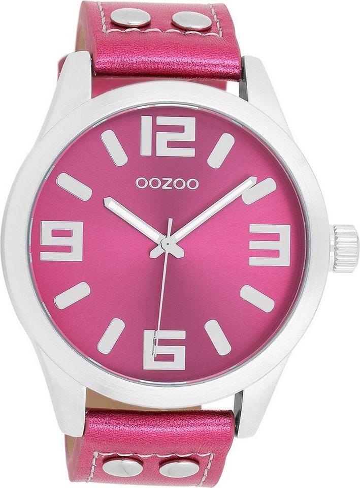 OOZOO Quarzuhr Oozoo Damen Armbanduhr Timepieces Analog, Damenuhr rund,  extra groß (ca. 46mm) Lederarmband, Fashion-Style