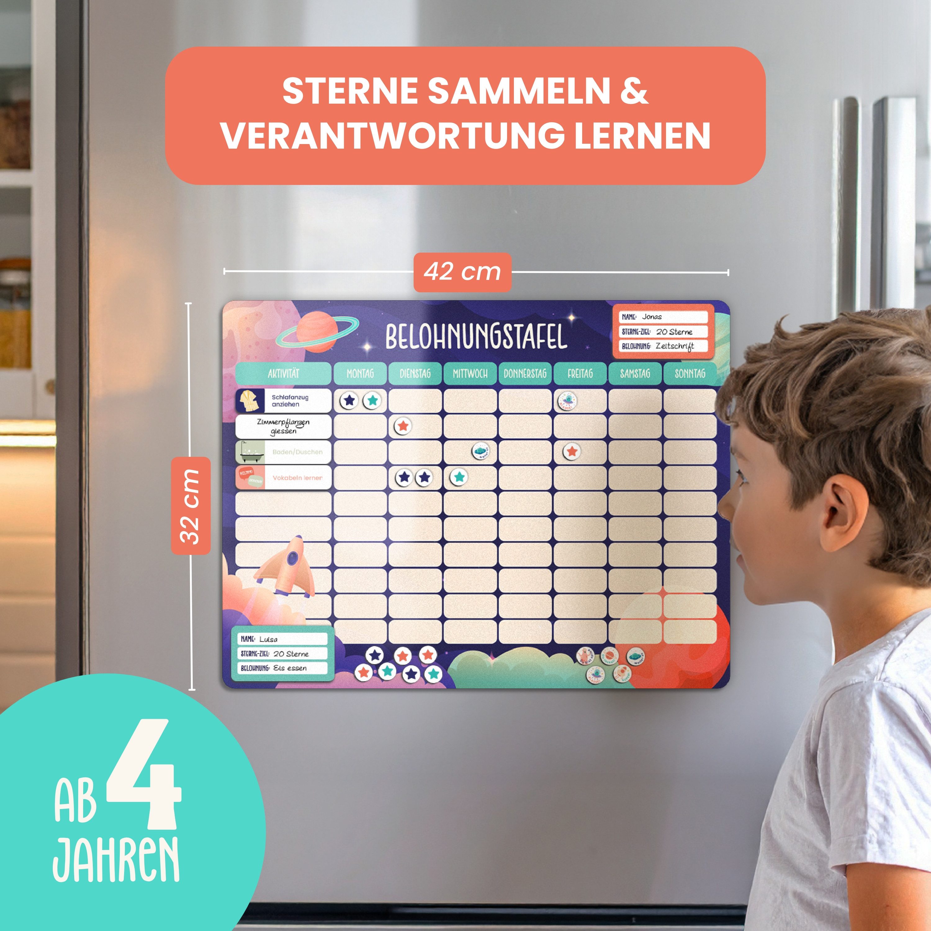 Lilletå Lernspielzeug Belohnungstafel Kinder magnetisch, 100 Aufgaben & 350 Magnete, ab 4 (Komplettset, Tafel, Aufgabenmagnete, Sterne, Stift & Tragebeutel), Be – Bild 3 von 5