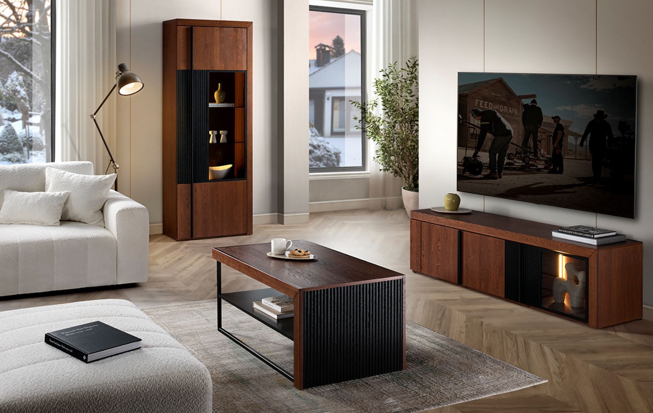 99rooms Wohnwand Vils, (Set (3-St), Wohnmöbel), mit viel Stauraum, LED-Beleuchtung, Soft-Close, aus Massivholz