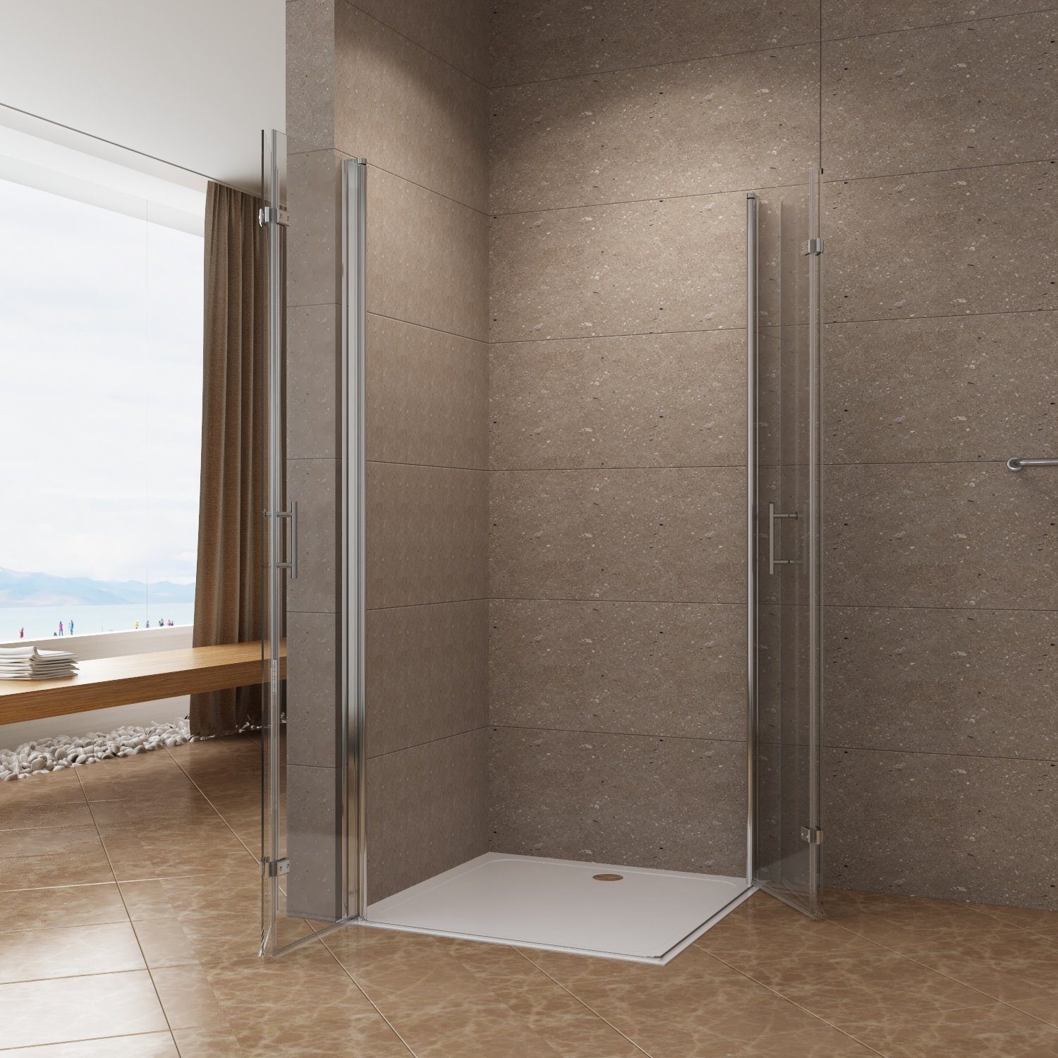 AQUABATOS Corner Shower Enclosure, Corner Entry, with Double Folding Doors, Frameless, WxD: 120x120 cm, 6 mm Single Tempered Safety Glass, Nano Coating, Barrier-Free, Large Adjustment Range, Frameless