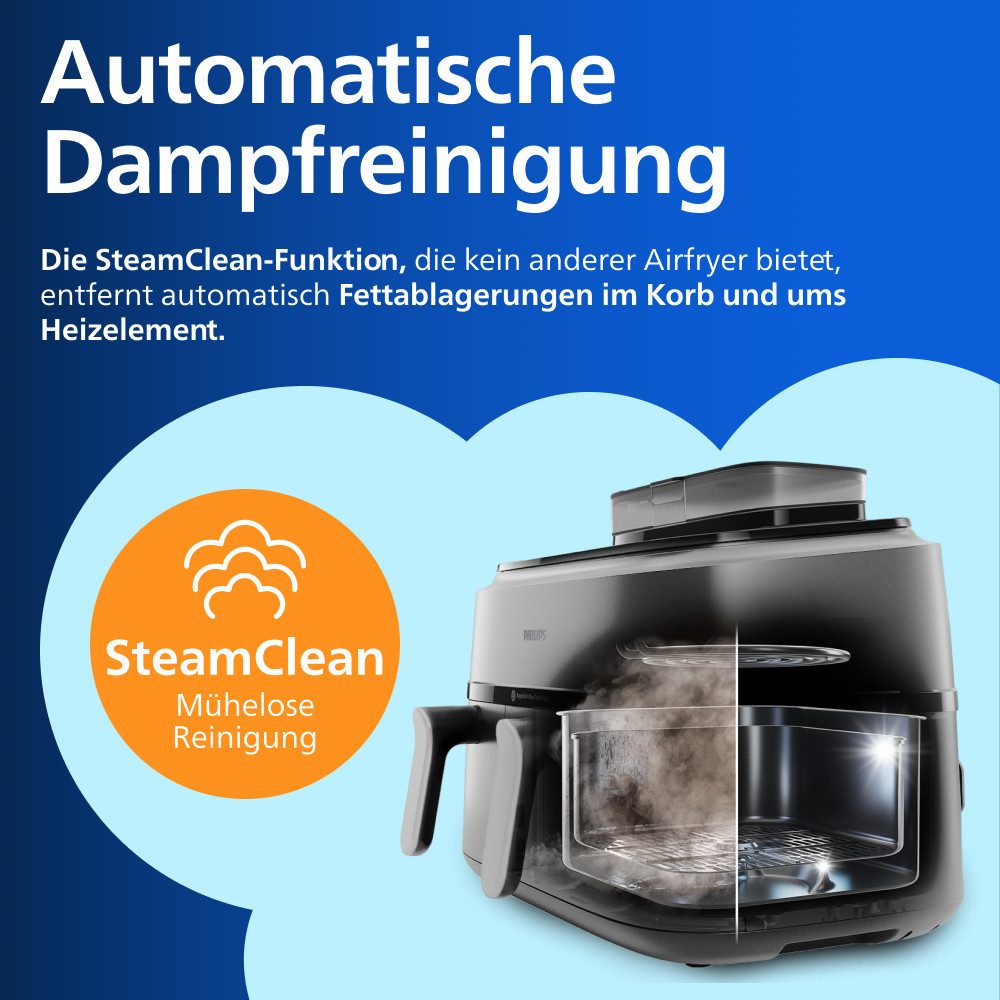 Philips Heißluftfritteuse NA555/00 Steam Airfryer 5000 Series Dual Basket, 9L Kapazität (3L+6L), 2750 W, mit Dampfgar-Funktion, Silber/Edelstahl – Bild 4 von 5