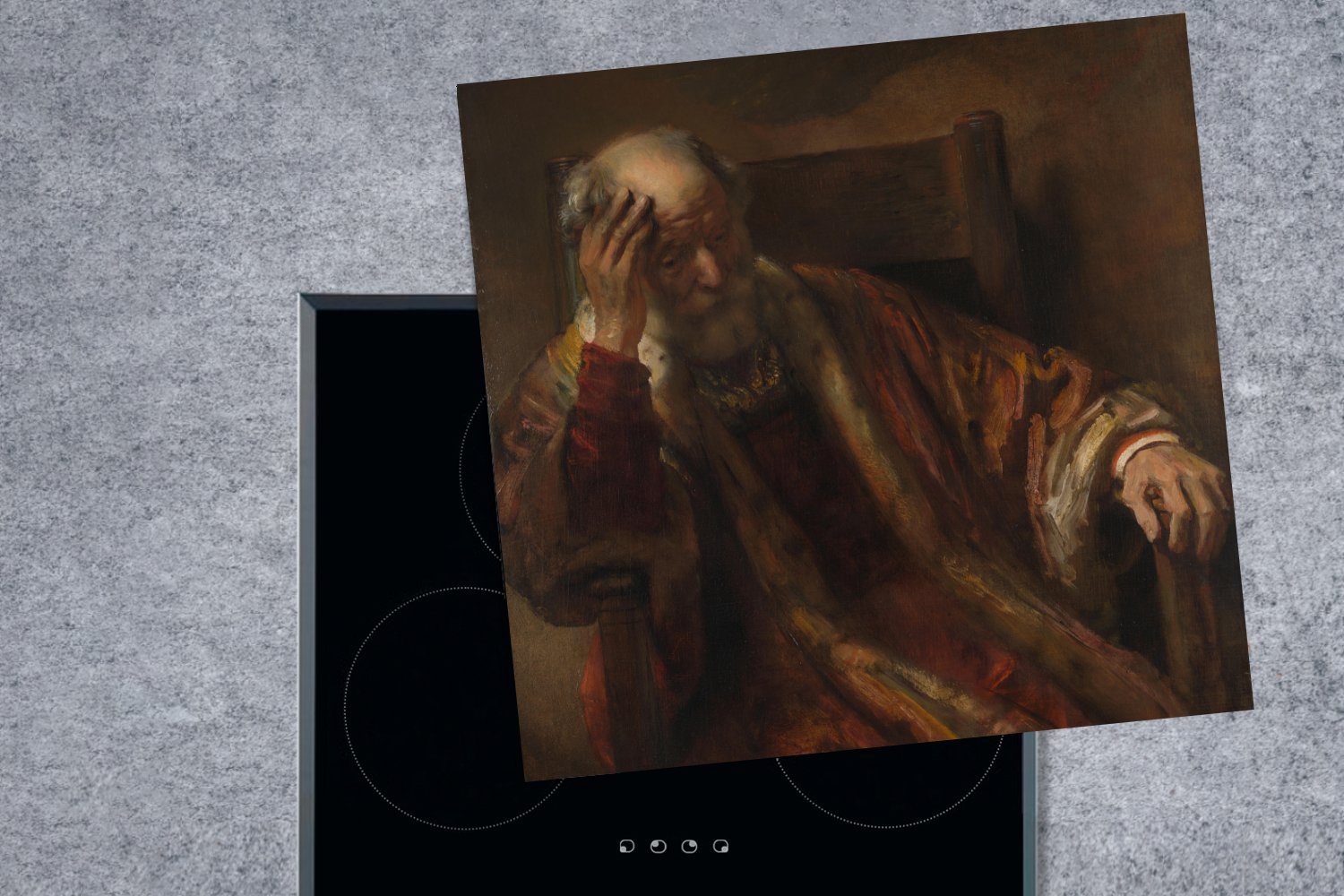 MuchoWow Herdblende-/Abdeckplatte 78x78 Arbeitsplatte Rijn, einer Gemälde küche von Ceranfeldabdeckung, für van Vinyl, cm, Bankette tlg), Mann Rembrandt - Alter in (1