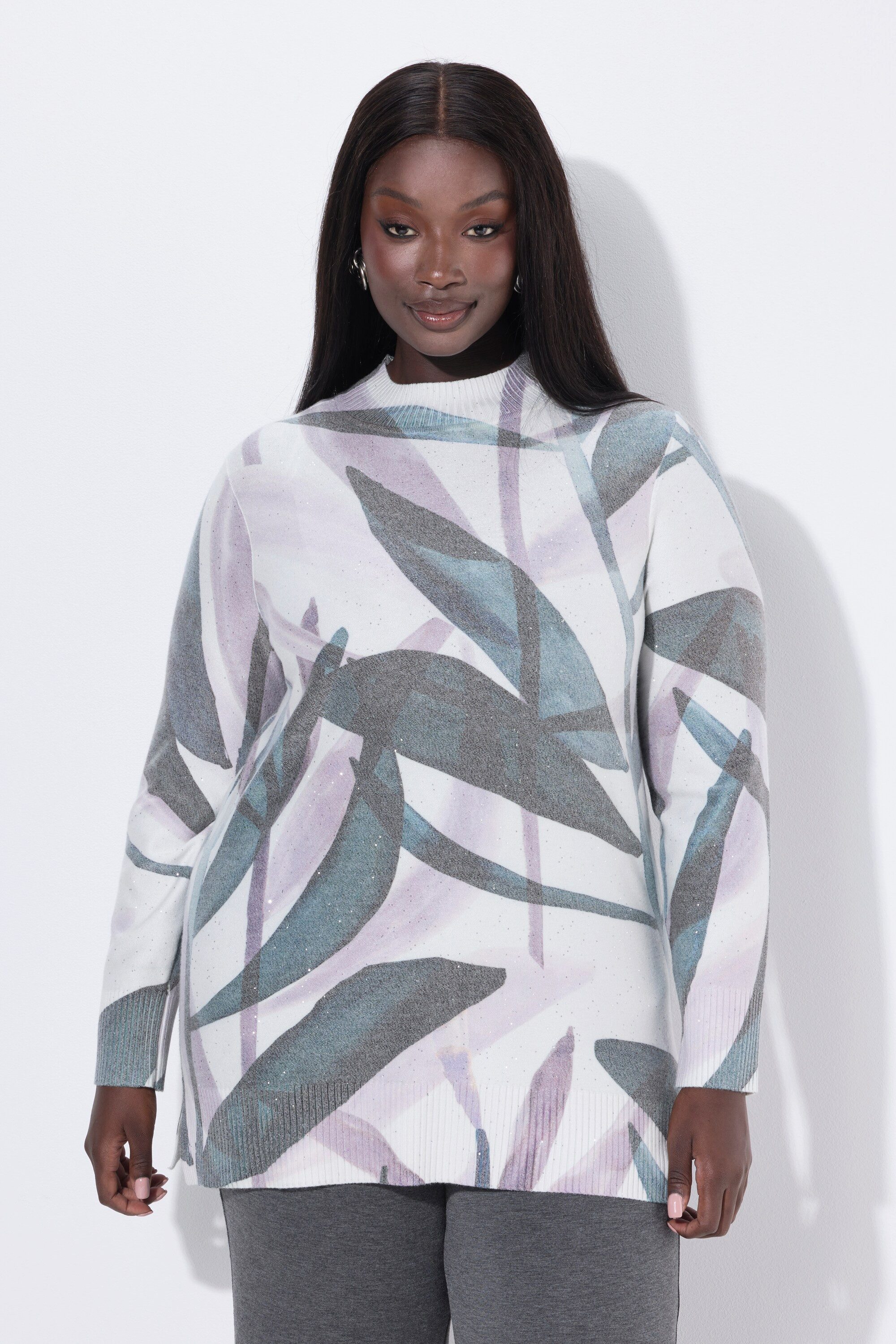 Ulla Popken Strickpullover Pullover Blätter Pailletten Stehkragen Langarm