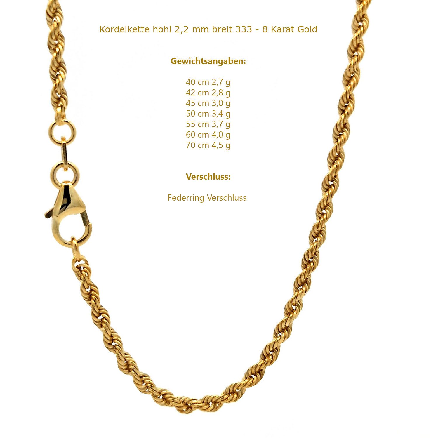 HOPLO Goldkette Goldkette Kordelkette 333 - 8 Karat Gold 2,2 mm - 40 cm, Ma günstig online kaufen
