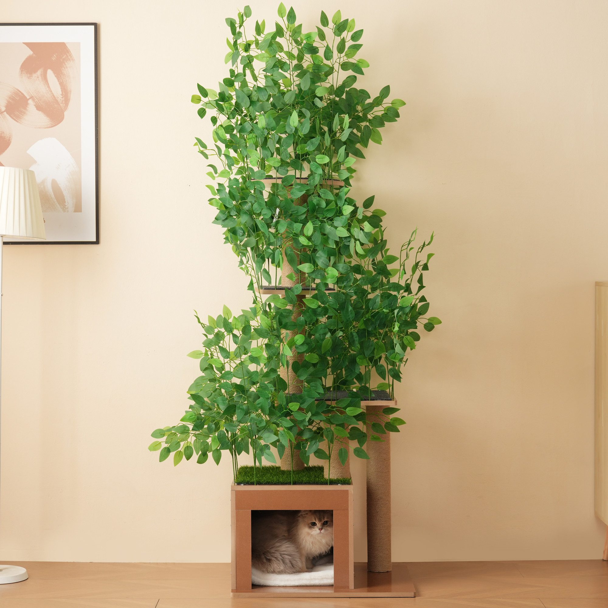 Celya Kratzbaum 190 cm hoher Kratzbaum in Baumform mit 4 Plattformen und Katzenlöchern, haustiersicheres Material, abnehmbare Blätter, wasserdichtes