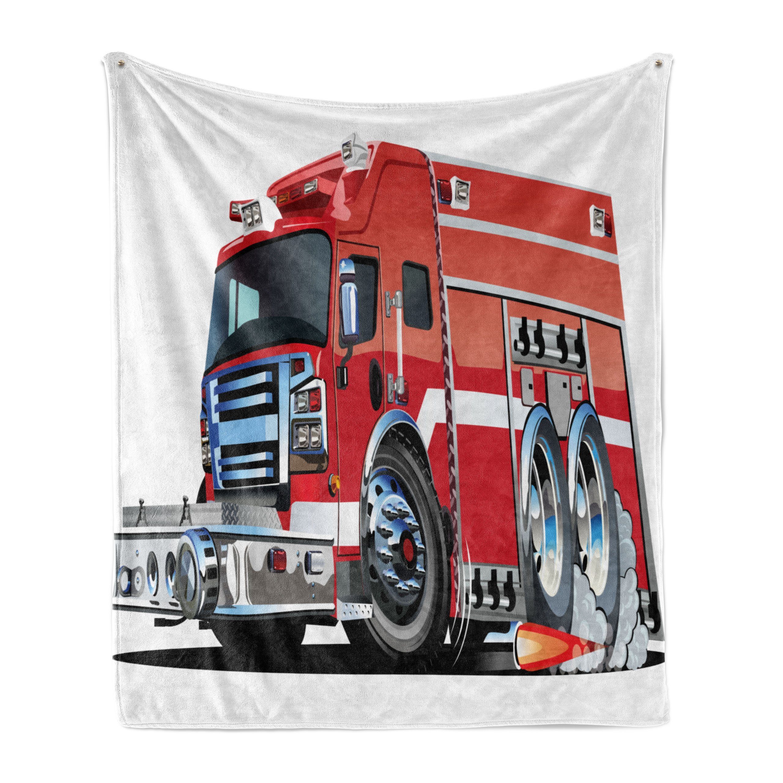 Wohndecke Gemütlicher Plüsch für den Innen- und Außenbereich, Abakuhaus, Karikatur Fire Truck Rescue Team | Wohndecken