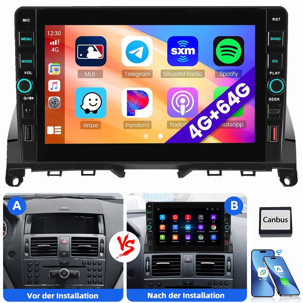 ESSGOO Für Mercedes Benz C-Klasse W204 S204 2008-2010 Android 15 Carplay Autoradio (RDS, Digitalradio (DAB), FM, AM)
