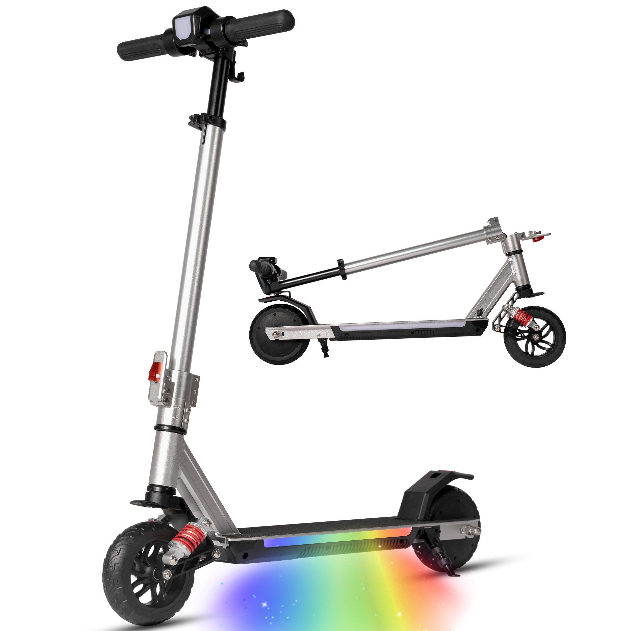 Vankel Elektro-Kinderroller klappbar, E Scooter für Kinder, ab 10 Jahre, 15km, Bunte Leuchten, Federung, 14km/h, EBS+Fußbremse, höhenverstellbar, mit Haken