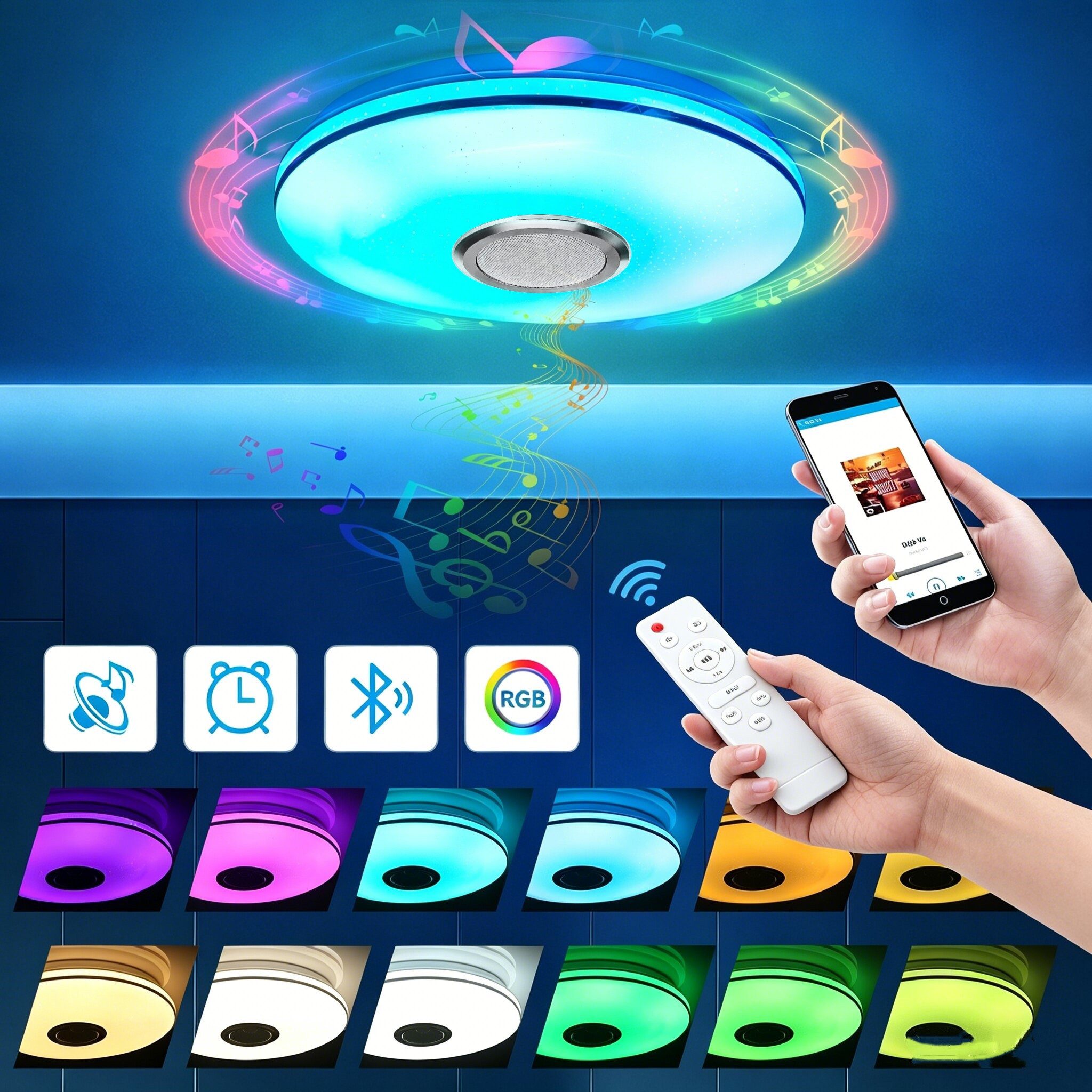 oyajia LED Deckenleuchte LED Deckenlampe mit Bluetooth Lautsprecher, RGB Dimmbar, LED fest integriert, 3000K-6000K-4500K-Nachtlicht-RGB, Dimmbar mit Fernbedienung,für Schlafzimmer/Wohnzimmer/Badezimmer/Küche