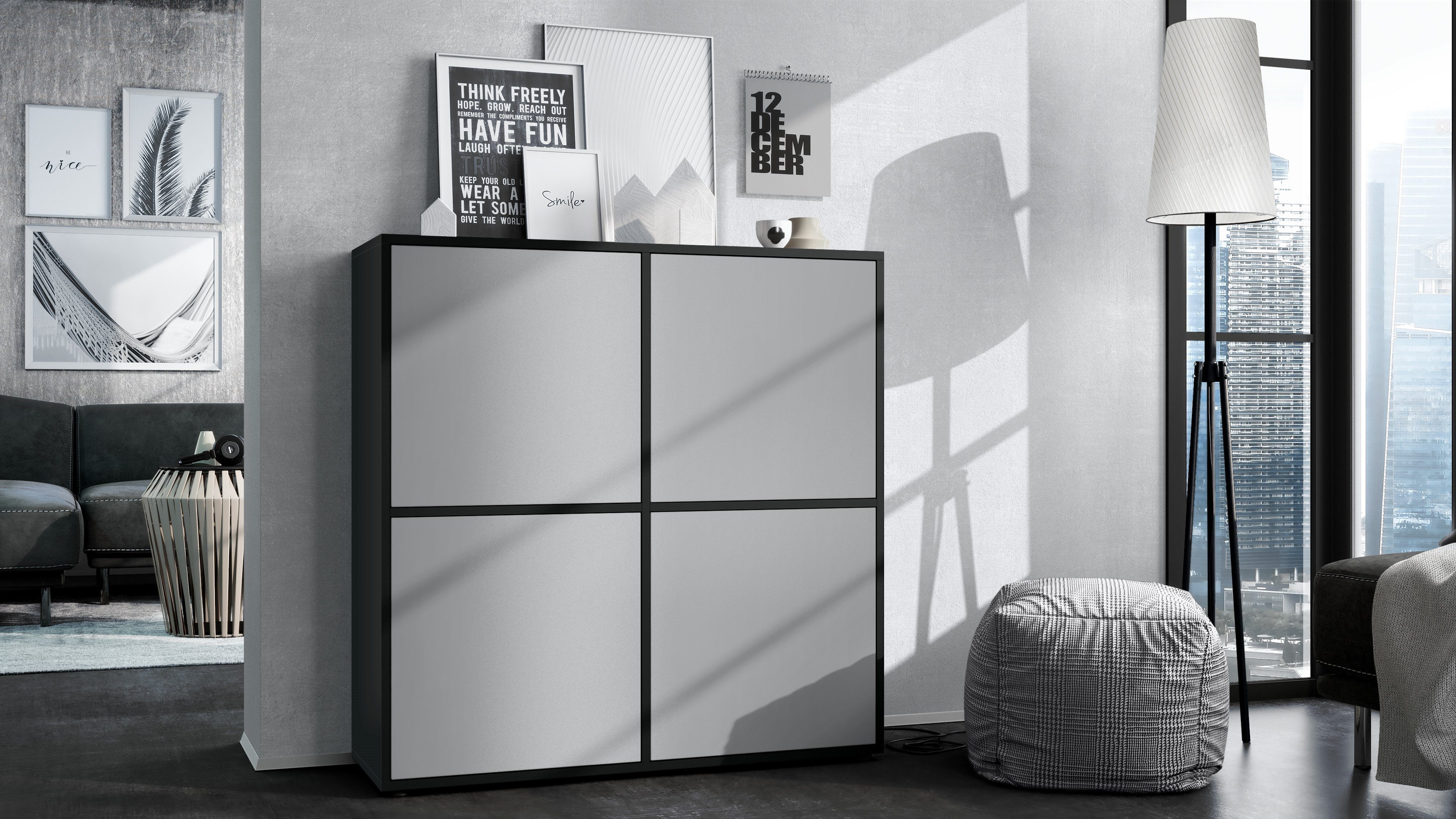 Vladon Highboard Cuba V2 (Schrank, 104 x 105,5 x 35,5 cm Sideboard mit 8 Fächern), Korpus in Schwarz matt / Fronten in Hellgrau seidenmatt