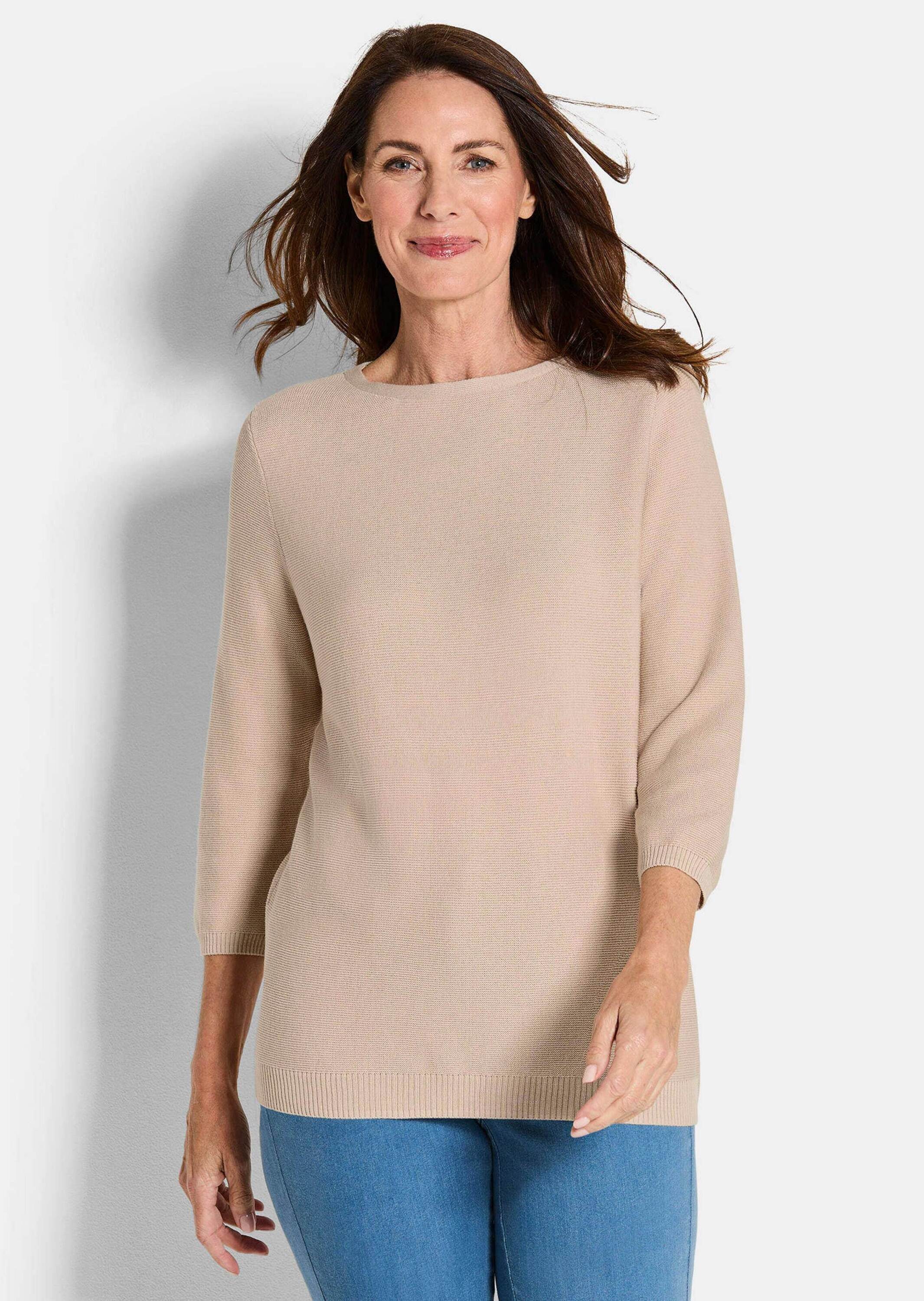GOLDNER Вязаные свитера Kurzgröße: Eleganter Baumwollpullover, Halbarm Leichter Feinstrickpullover mit U-Boot-Ausschnitt