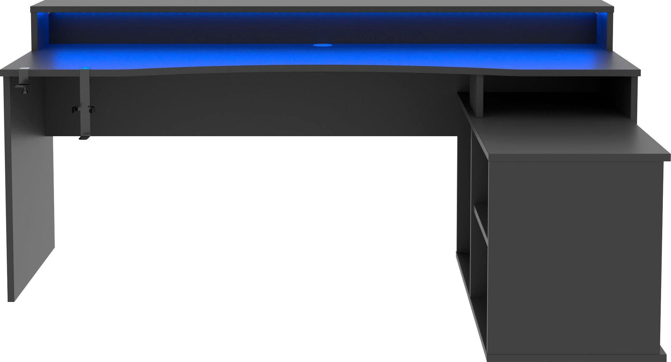 FORTE Gamingtisch Tezaur, Eckschreibtisch mit RGB-Beleuchtung, Tower  rechts/links montierbar, Inklusive RGB-Streifenbeleuchtung/USB wechselbare  Farben